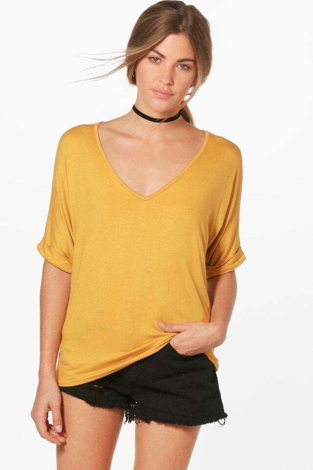Short Turn Up Sleeve Baggy Top Tops WearAll Mustard 8-10