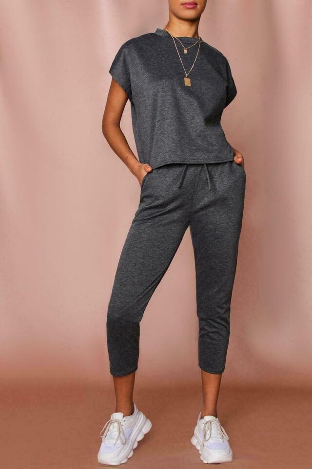 Boxy Short Sleeved Round Neck Two Piece Loungewear Tracksuit Loungewear WearAll Charcoal 16-18