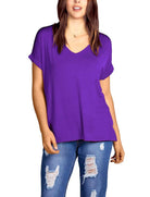Plus Size Short Turn Up Sleeve Baggy Top Tops WearAll Purple 16-18
