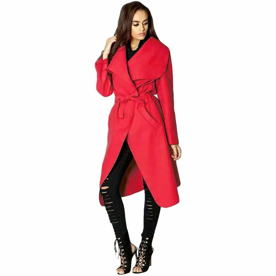 Plus Size Long Belt Pocket Open Coat cardigan WearAll Red 16-22