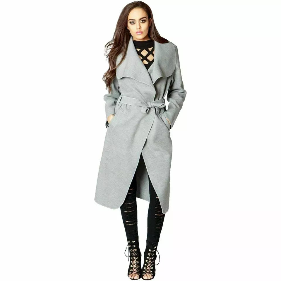 Plus Size Long Belt Pocket Open Coat cardigan WearAll Light Grey 16-22