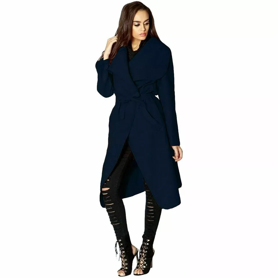Plus Size Long Belt Pocket Open Coat cardigan WearAll Navy Blue 16-22