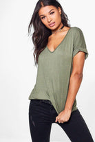 Plus Size Short Turn Up Sleeve Baggy Top Tops WearAll Khaki 16-18
