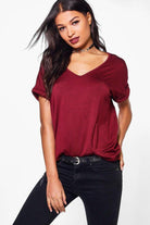 Plus Size Short Turn Up Sleeve Baggy Top Tops WearAll Wine 16-18