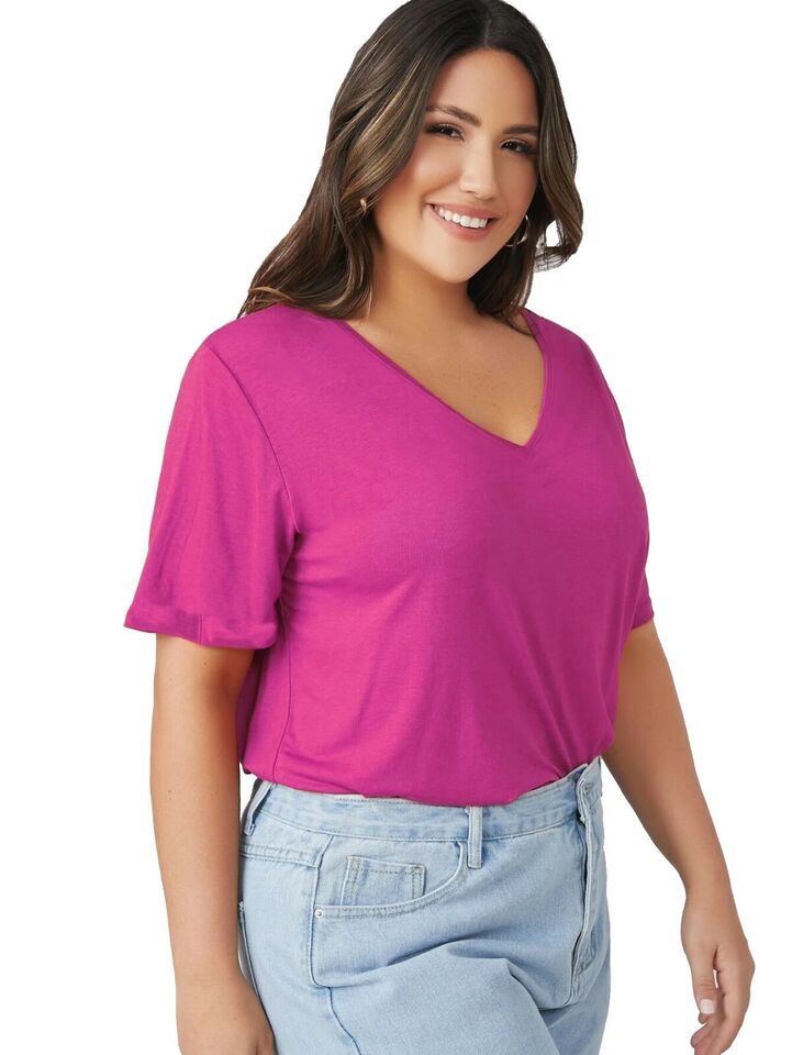 Plus Size Short Turn Up Sleeve Baggy Top Tops WearAll Cerise 16-18