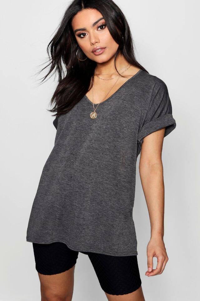 Plus Size Short Turn Up Sleeve Baggy Top Tops WearAll Charcoal 16-18