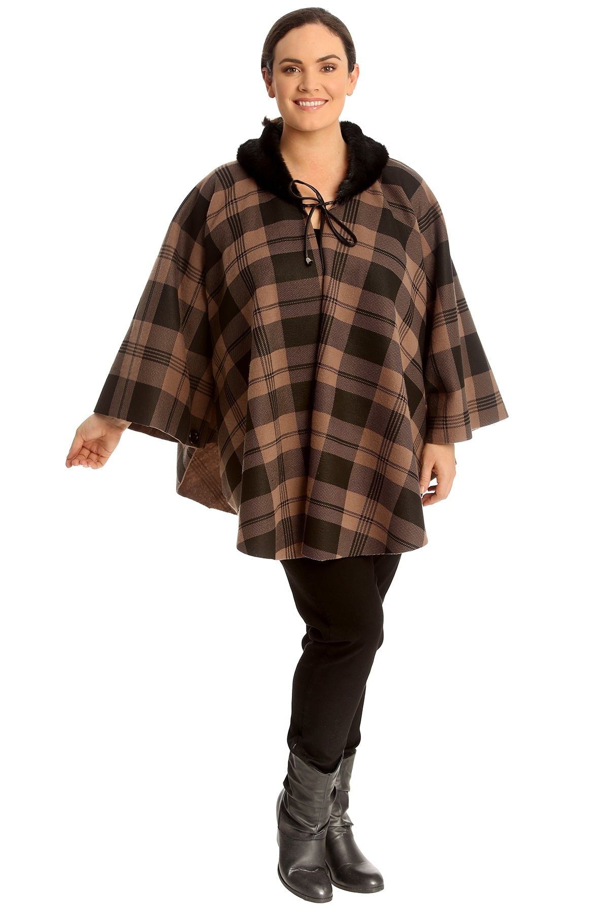 Faux Fur Check Tartan Cape Shawl Poncho Tops WearAll