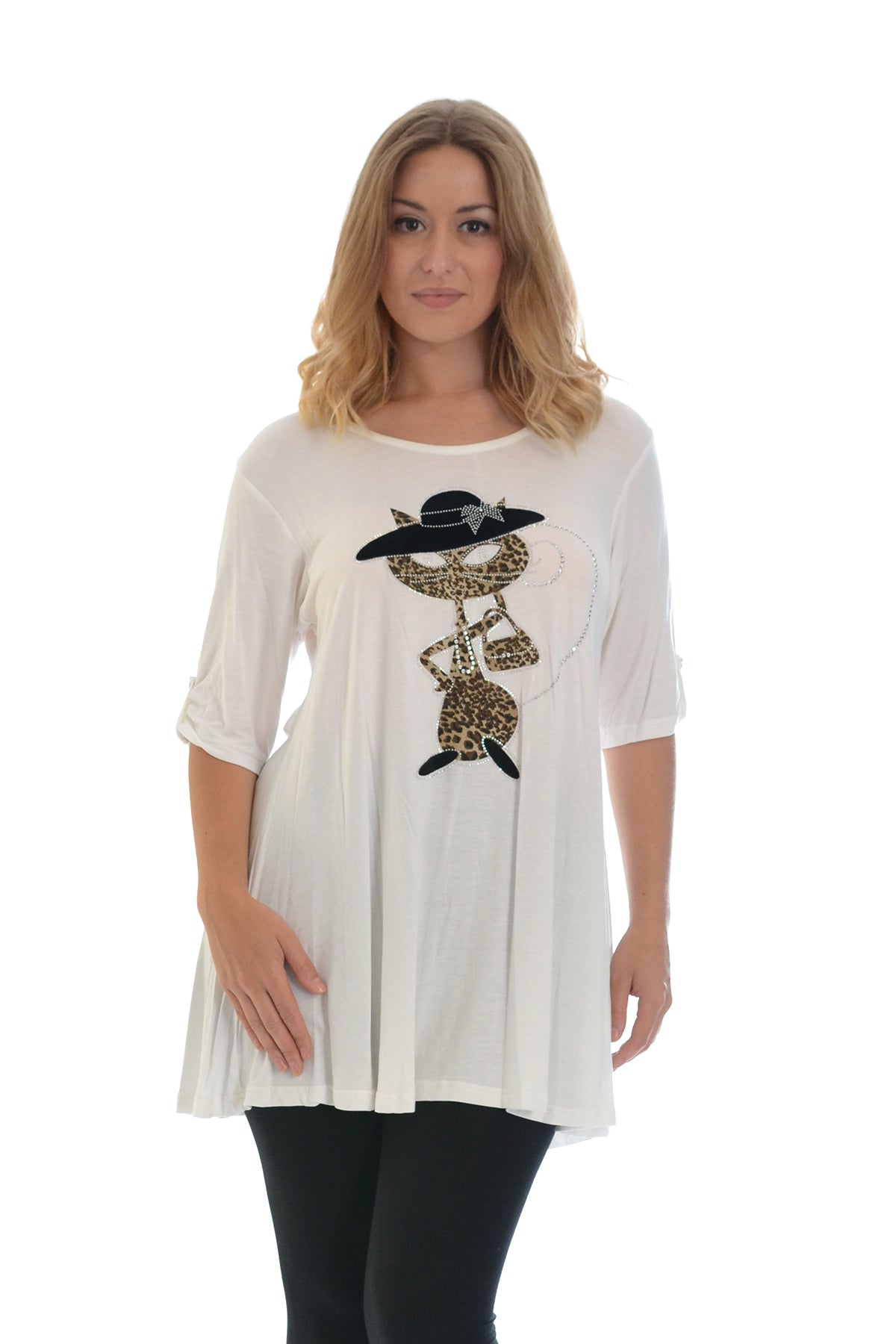 Cat Animal Print Short Sleeve Top Tops WearAll Cream 14