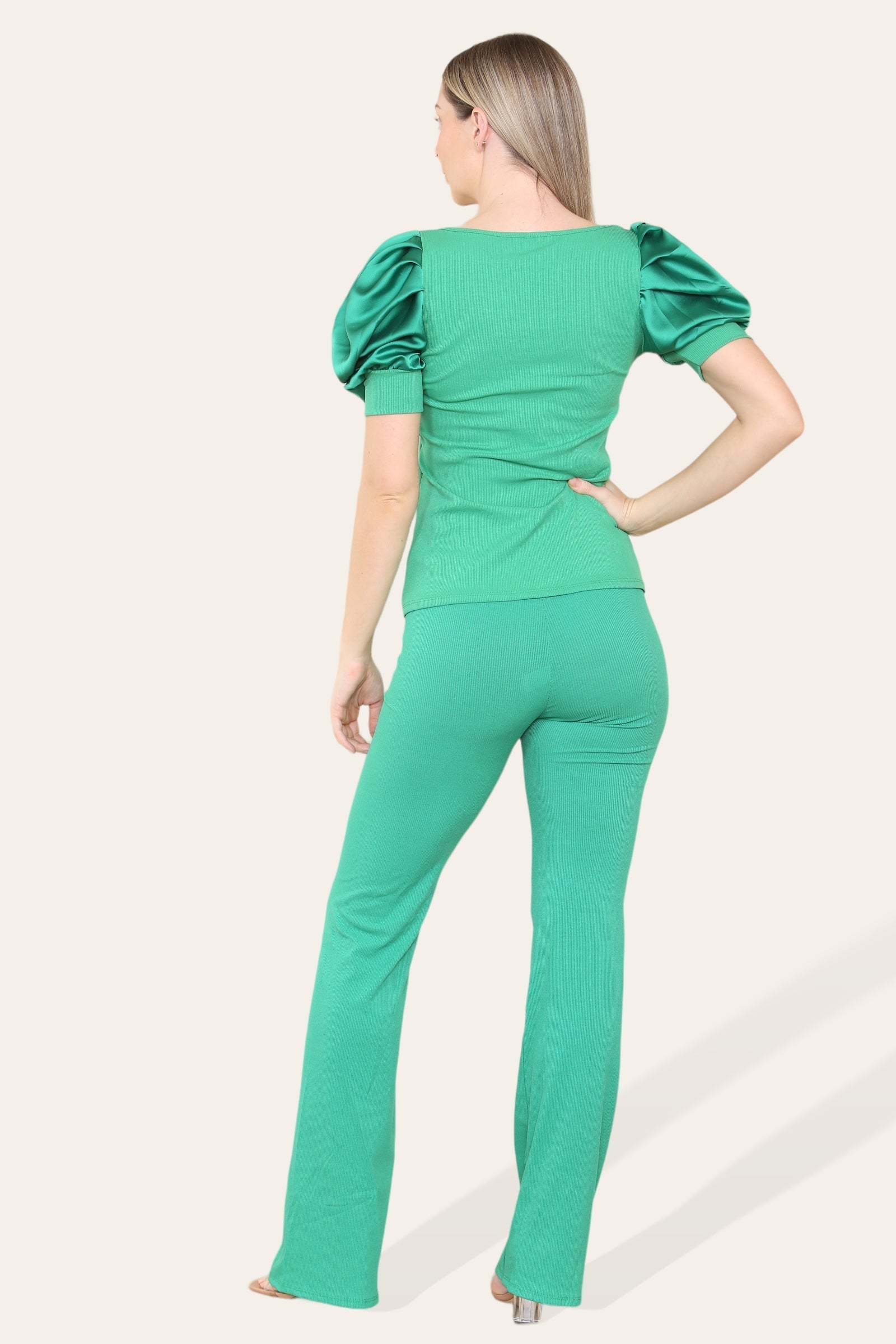 Silky Satin Puff Sleeves Ribbed Lounge Set Loungewear WearAll