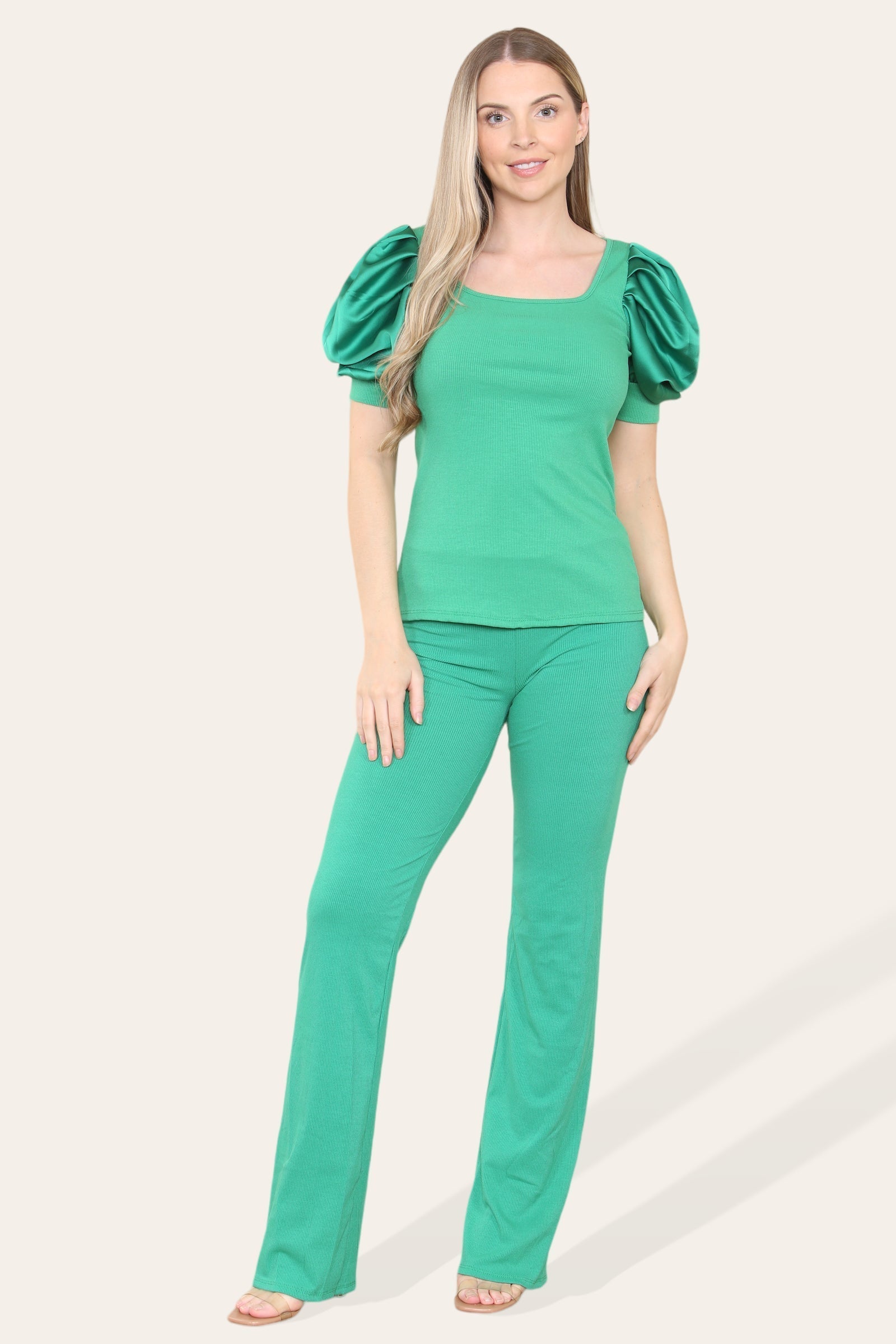 Silky Satin Puff Sleeves Ribbed Lounge Set Loungewear WearAll Green 8-10