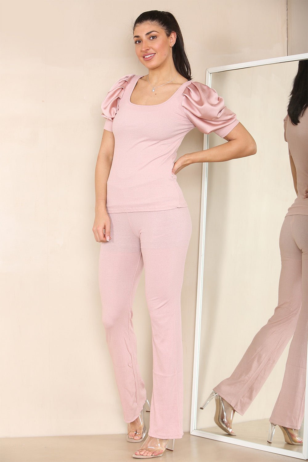 Silky Satin Puff Sleeves Ribbed Lounge Set Loungewear WearAll