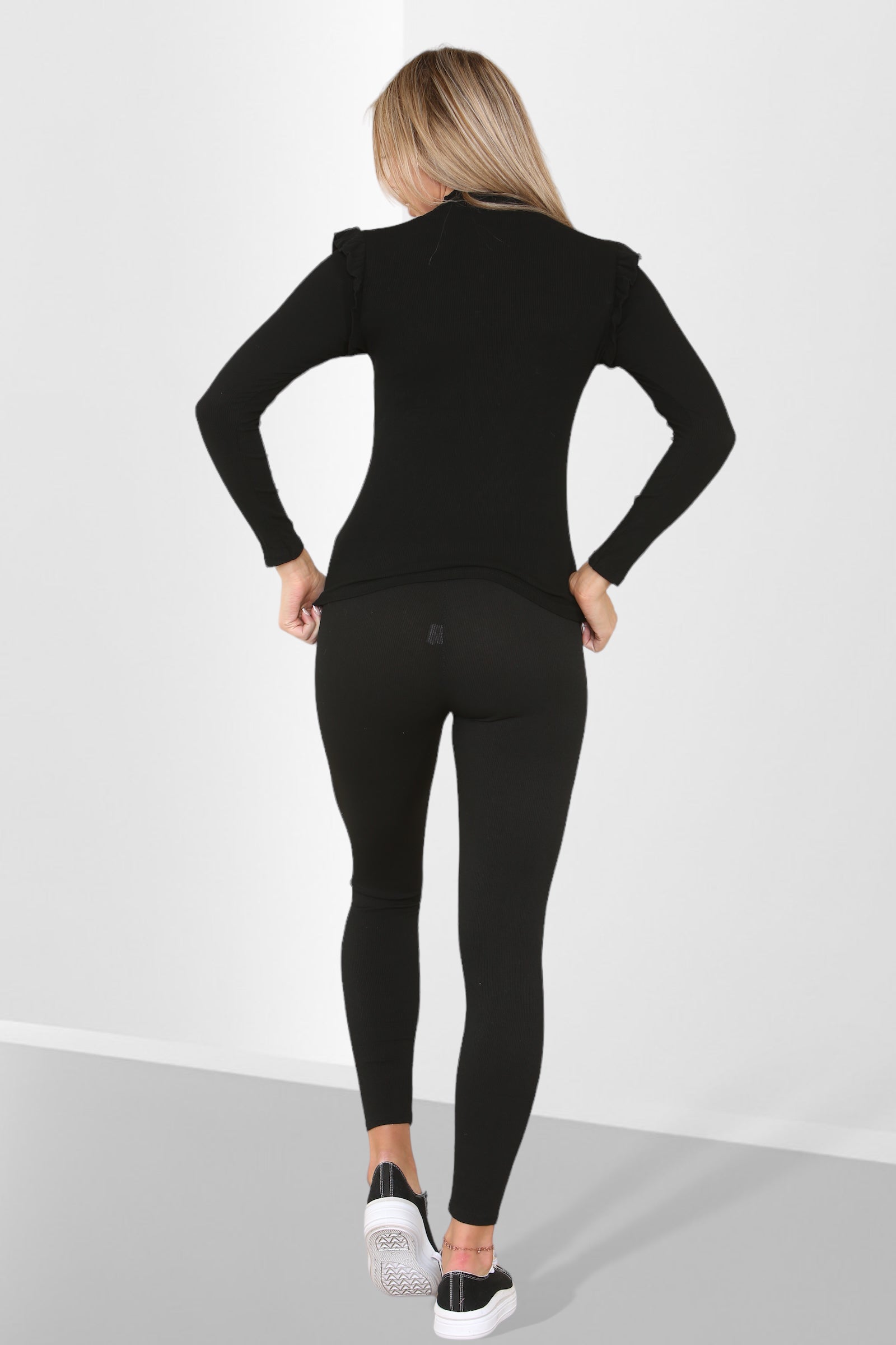 Side Buttons Frill Shoulder Side Neck Gold Button Detail Two Piece Loungewear Set Loungewear WearAll