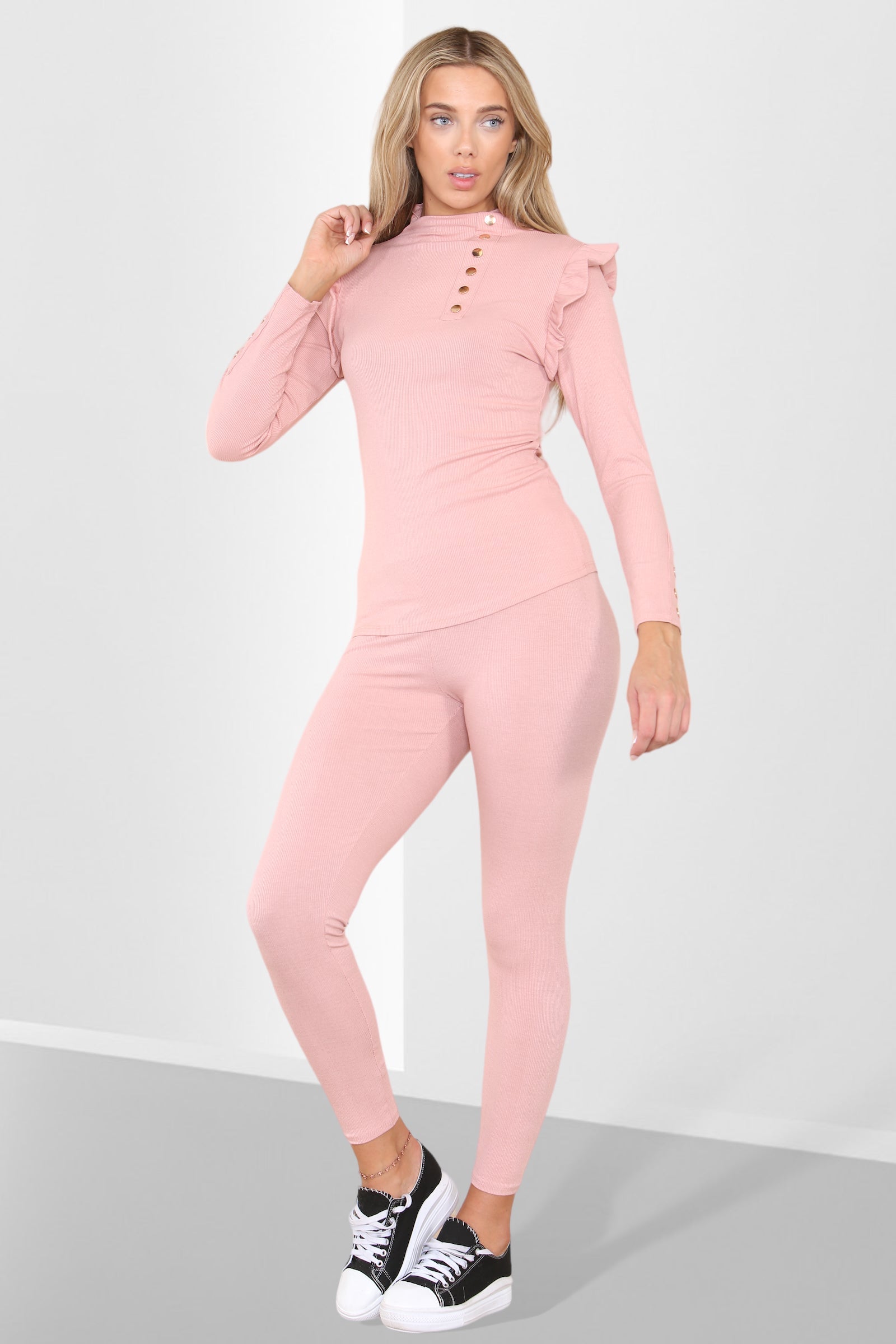 Side Buttons Frill Shoulder Side Neck Gold Button Detail Two Piece Loungewear Set Loungewear WearAll