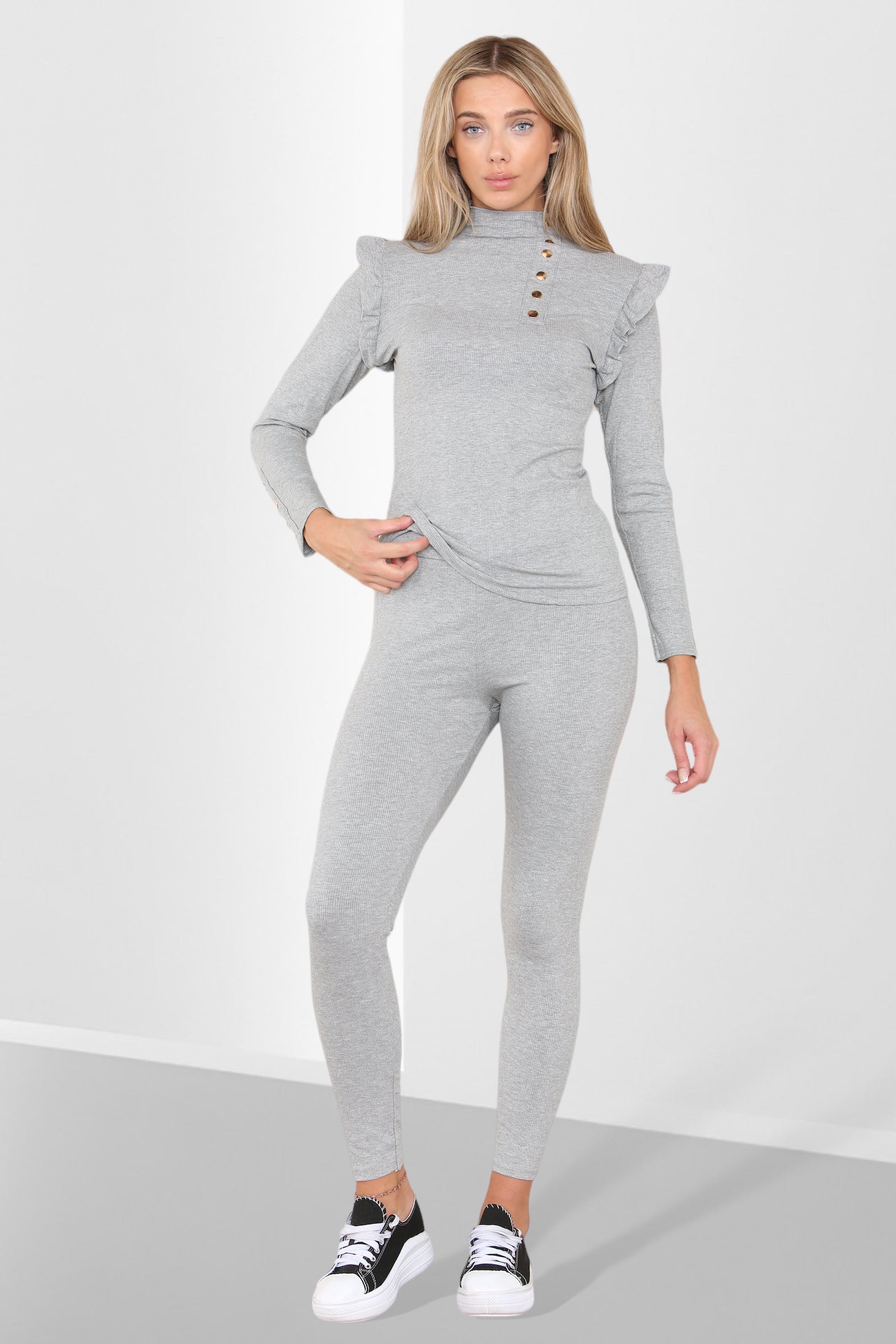 Side Buttons Frill Shoulder Side Neck Gold Button Detail Two Piece Loungewear Set Loungewear WearAll