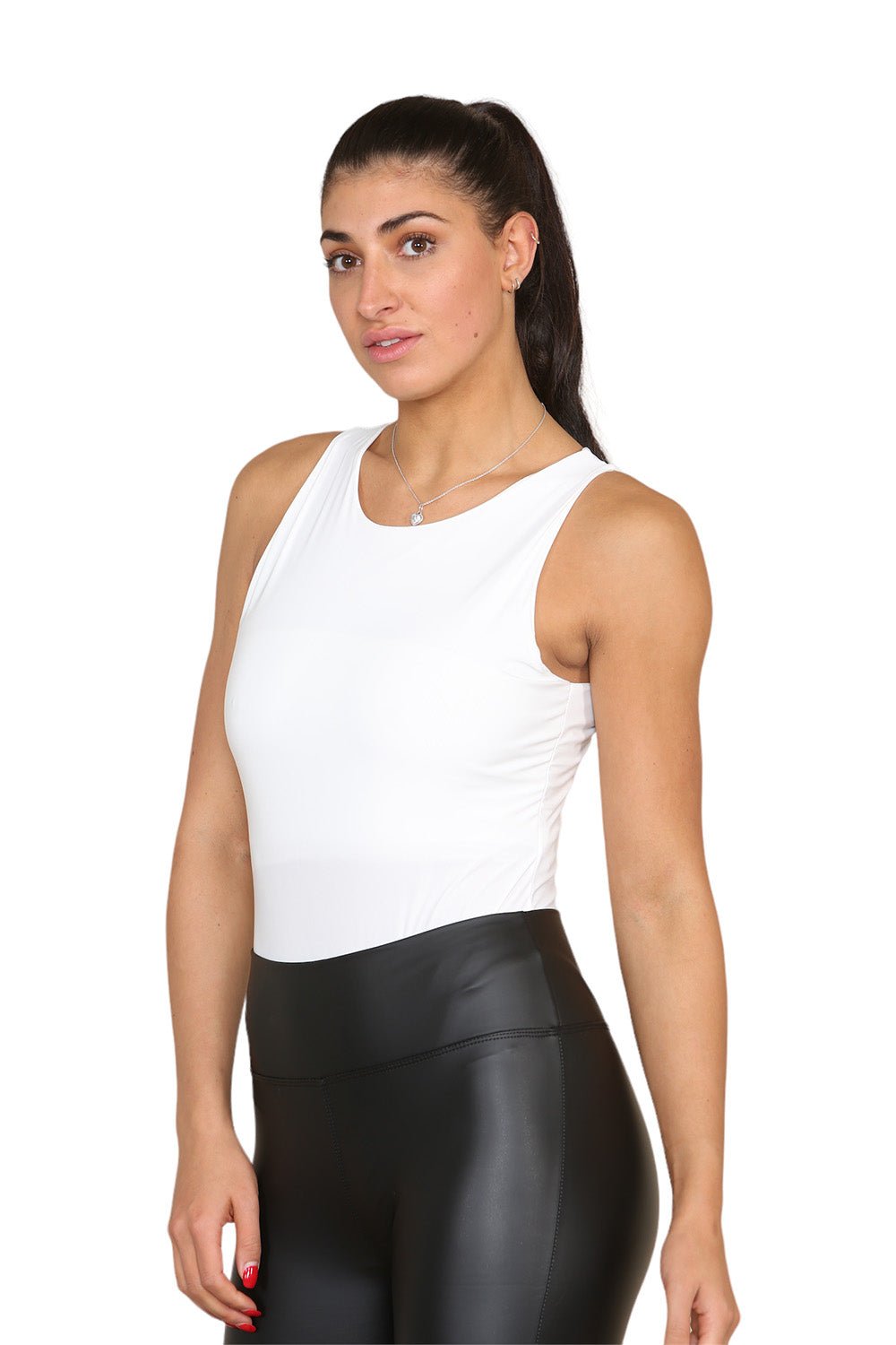 Slinky Racer Round Neck Double Layered Top Bodysuit Top & Bodysuit WearAll White 6-8