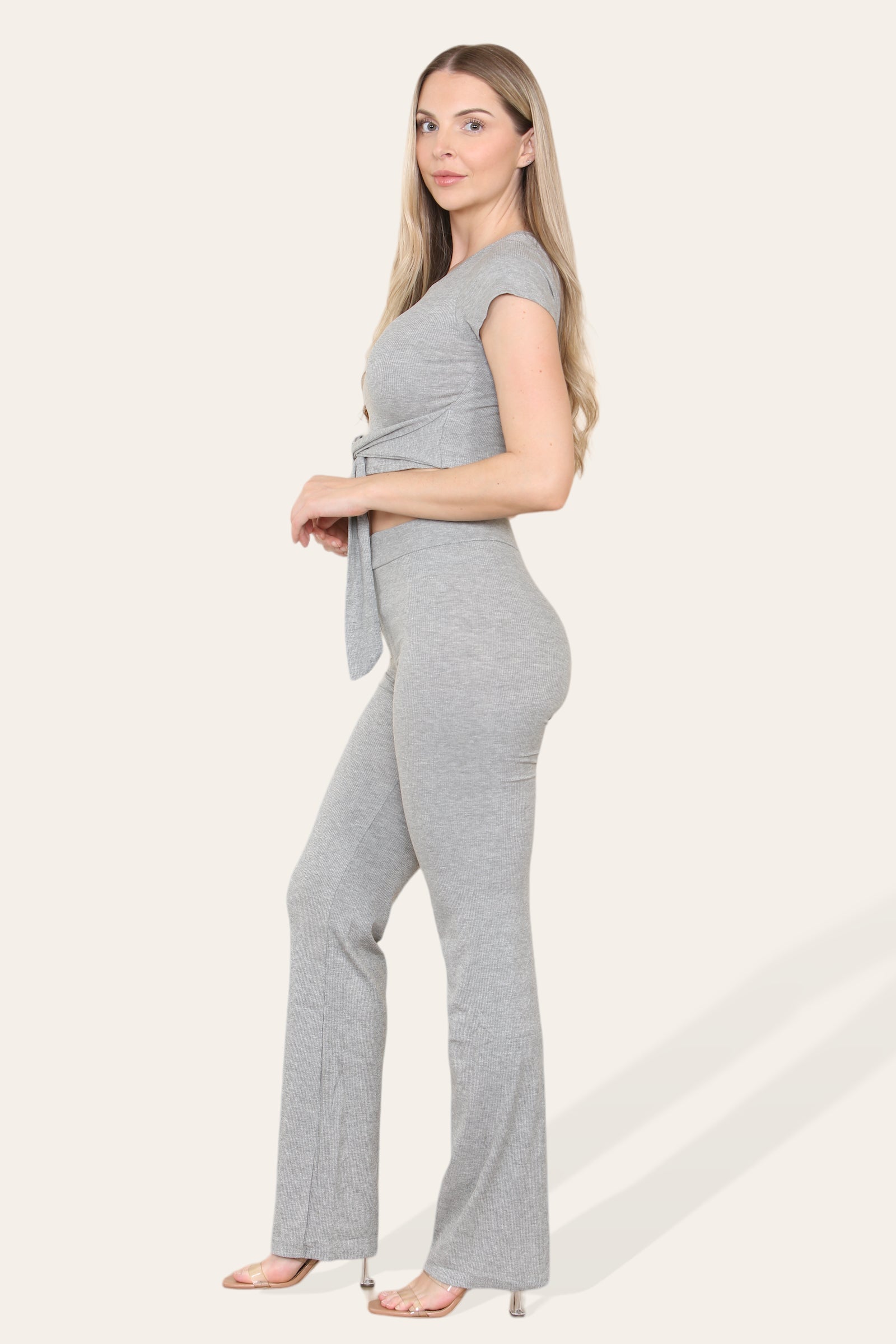 Tie Belt Front Cropped Loungewear Ribbed Trousers Set Loungewear WearAll