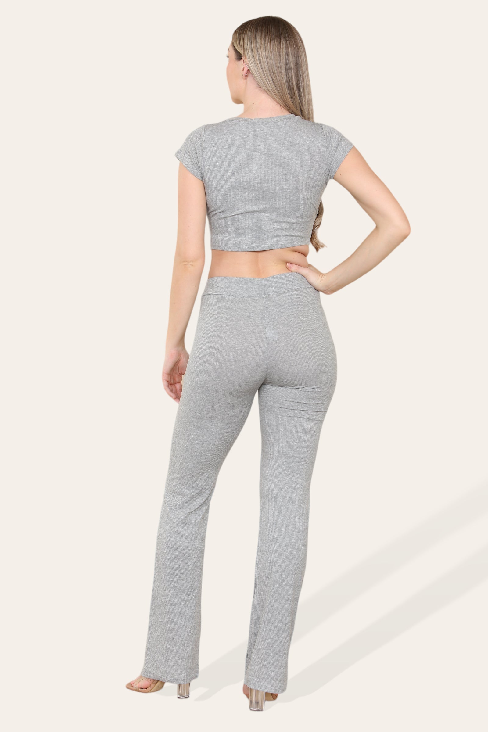 Tie Belt Front Cropped Loungewear Ribbed Trousers Set Loungewear WearAll