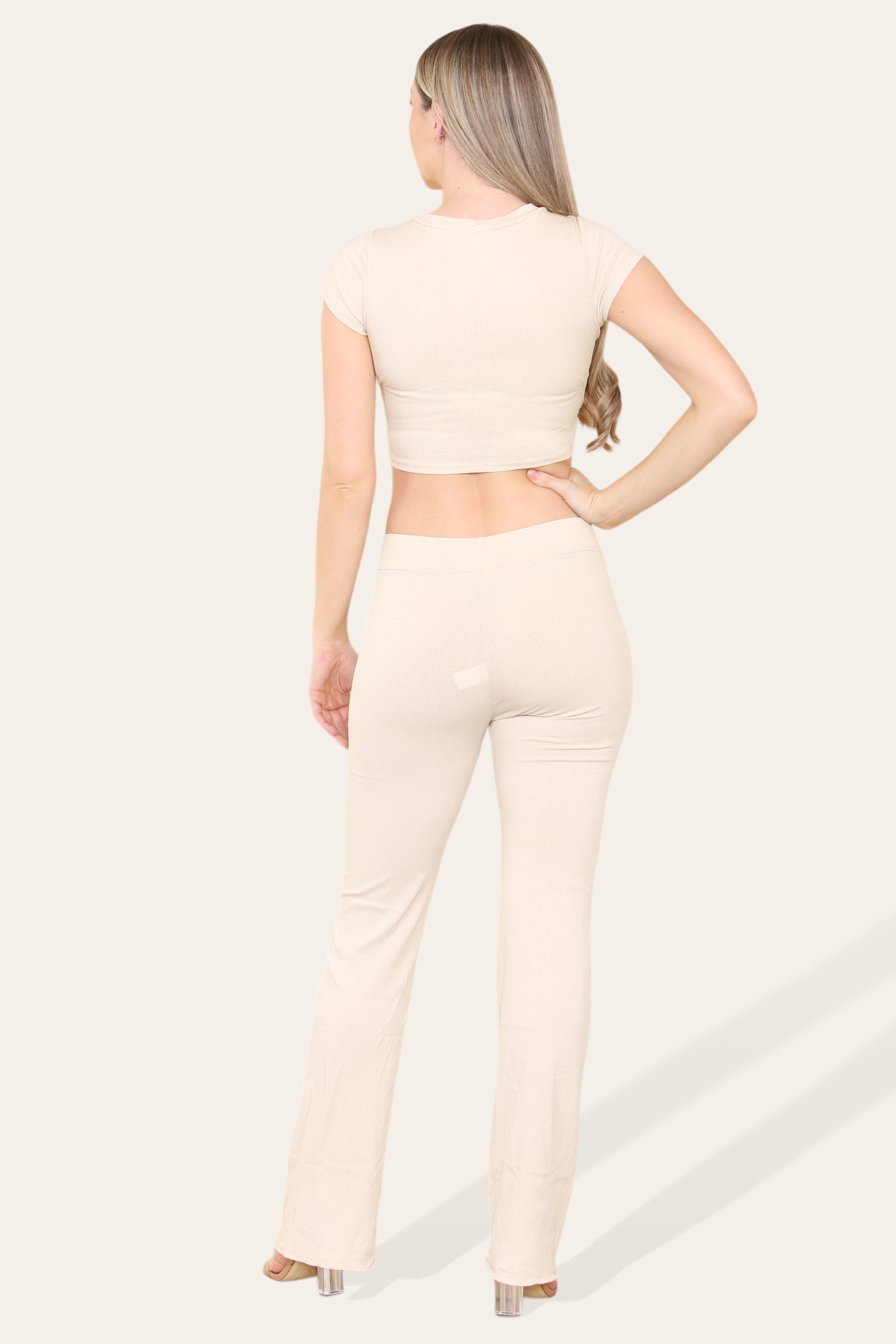 Tie Belt Front Cropped Loungewear Ribbed Trousers Set Loungewear WearAll