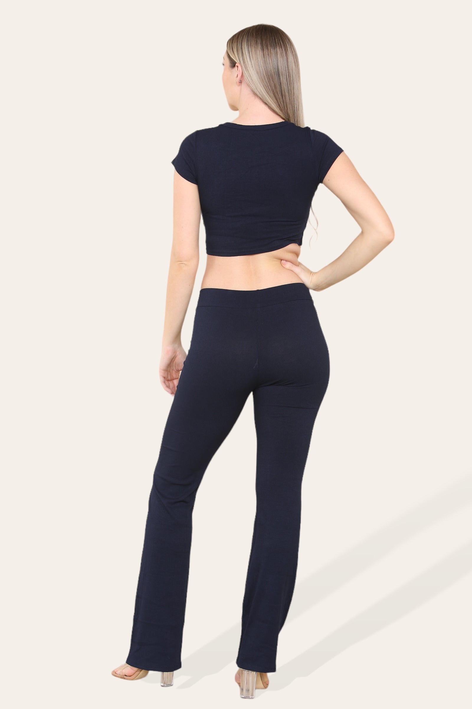 Tie Belt Front Cropped Loungewear Ribbed Trousers Set Loungewear WearAll