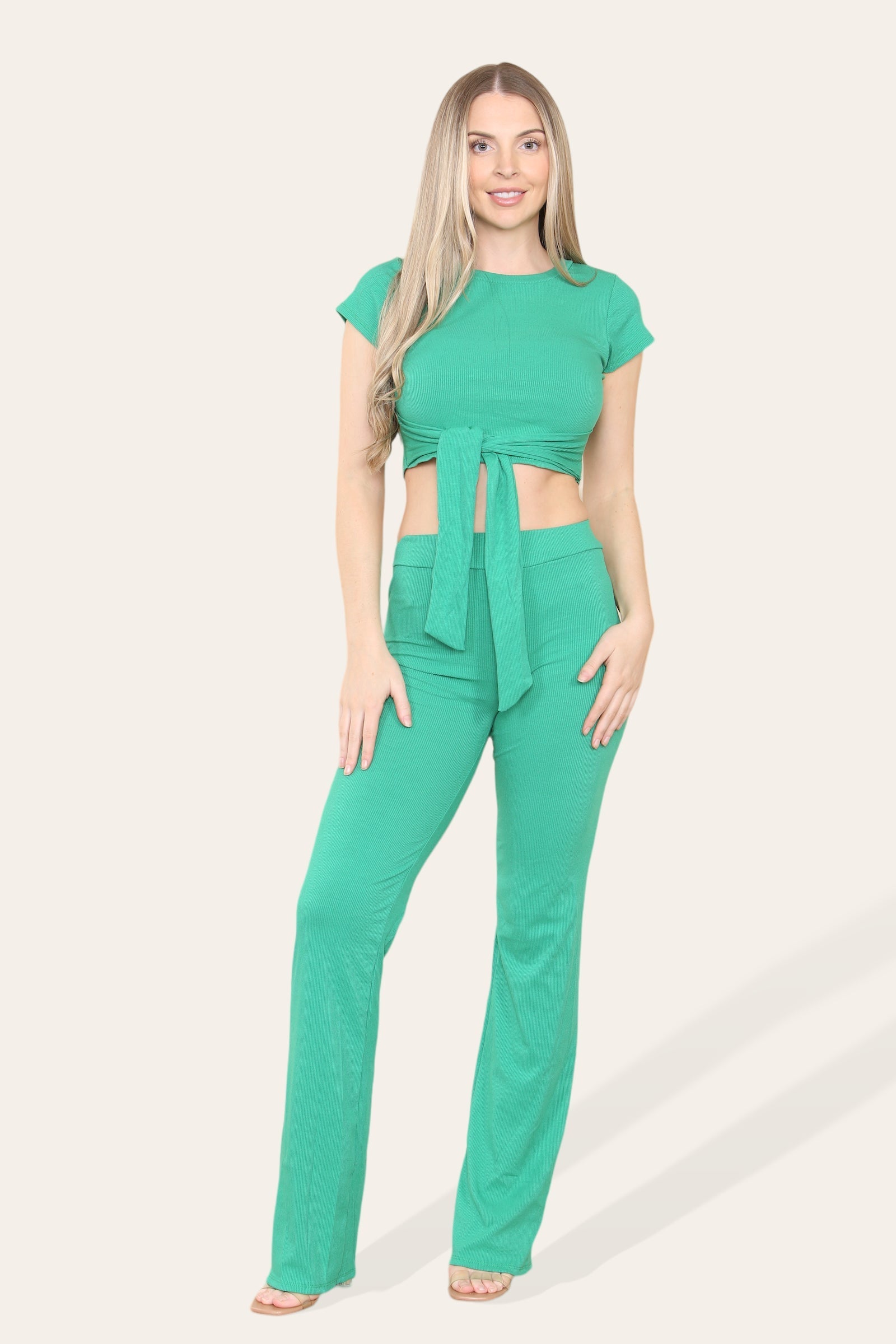 Tie Belt Front Cropped Loungewear Ribbed Trousers Set Loungewear WearAll Green 6-8 1