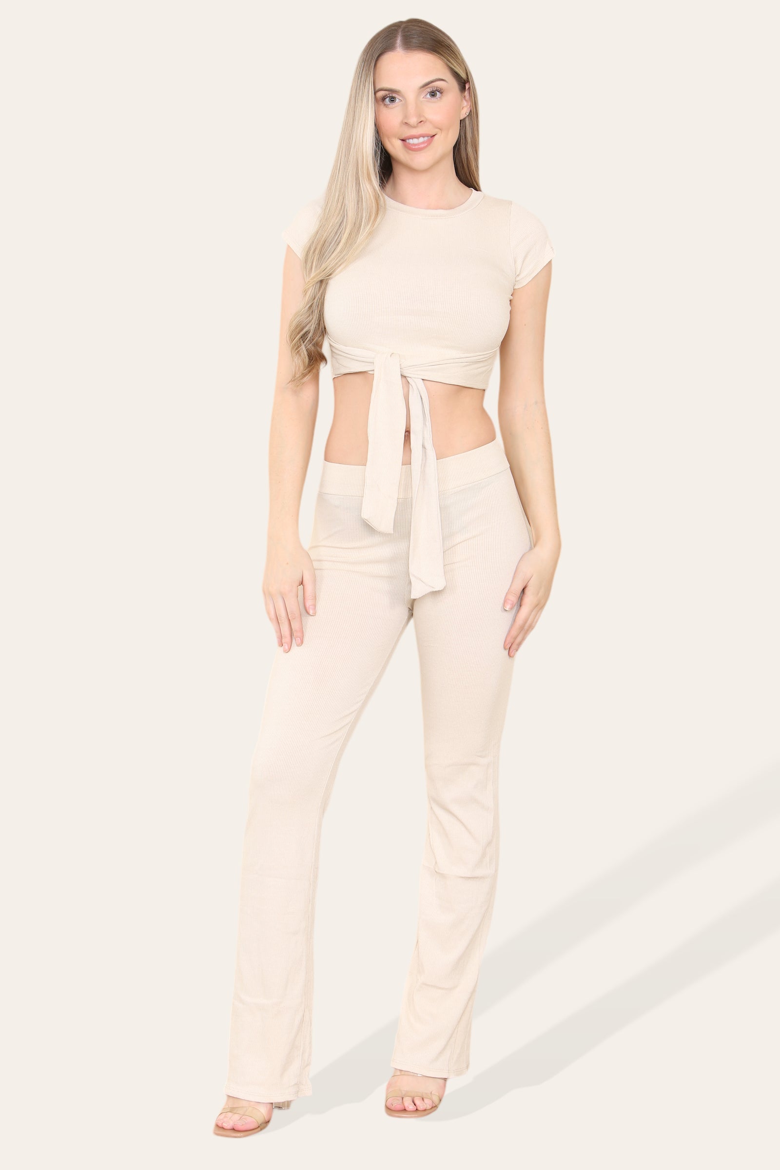 Tie Belt Front Cropped Loungewear Ribbed Trousers Set Loungewear WearAll Beige 6-8 1