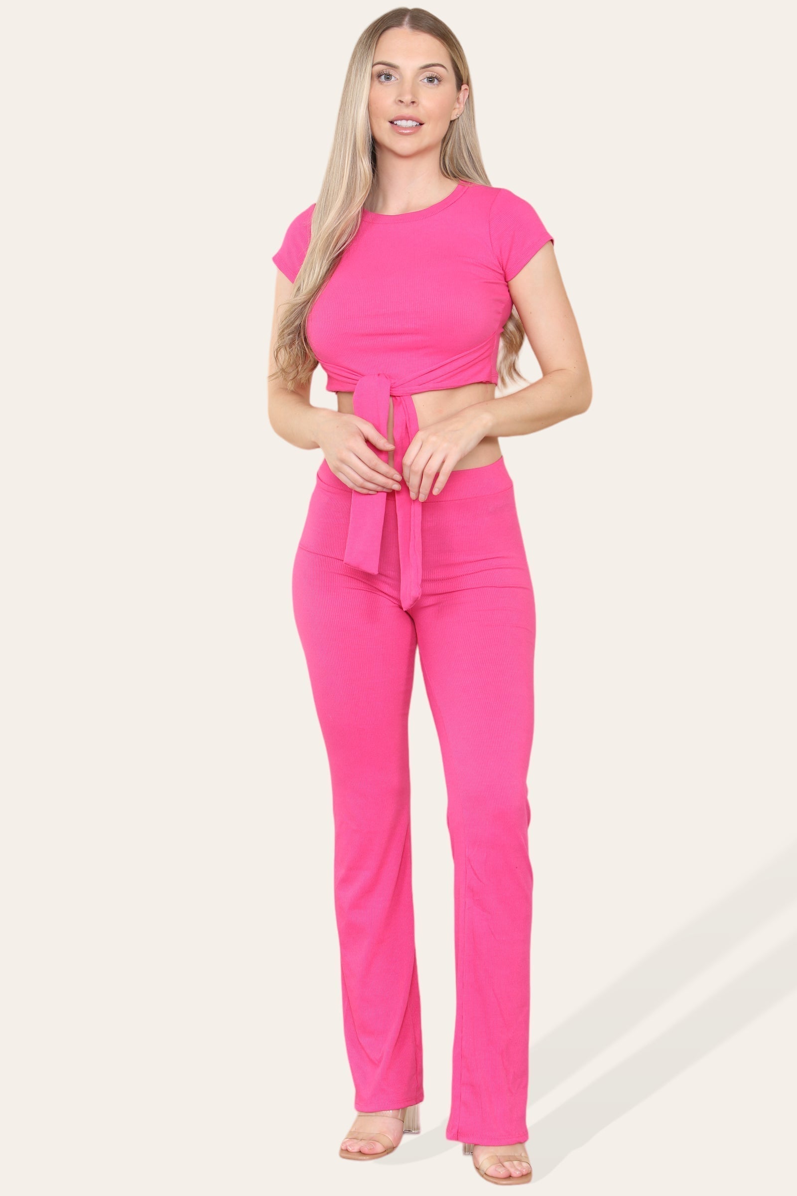 Tie Belt Front Cropped Loungewear Ribbed Trousers Set Loungewear WearAll