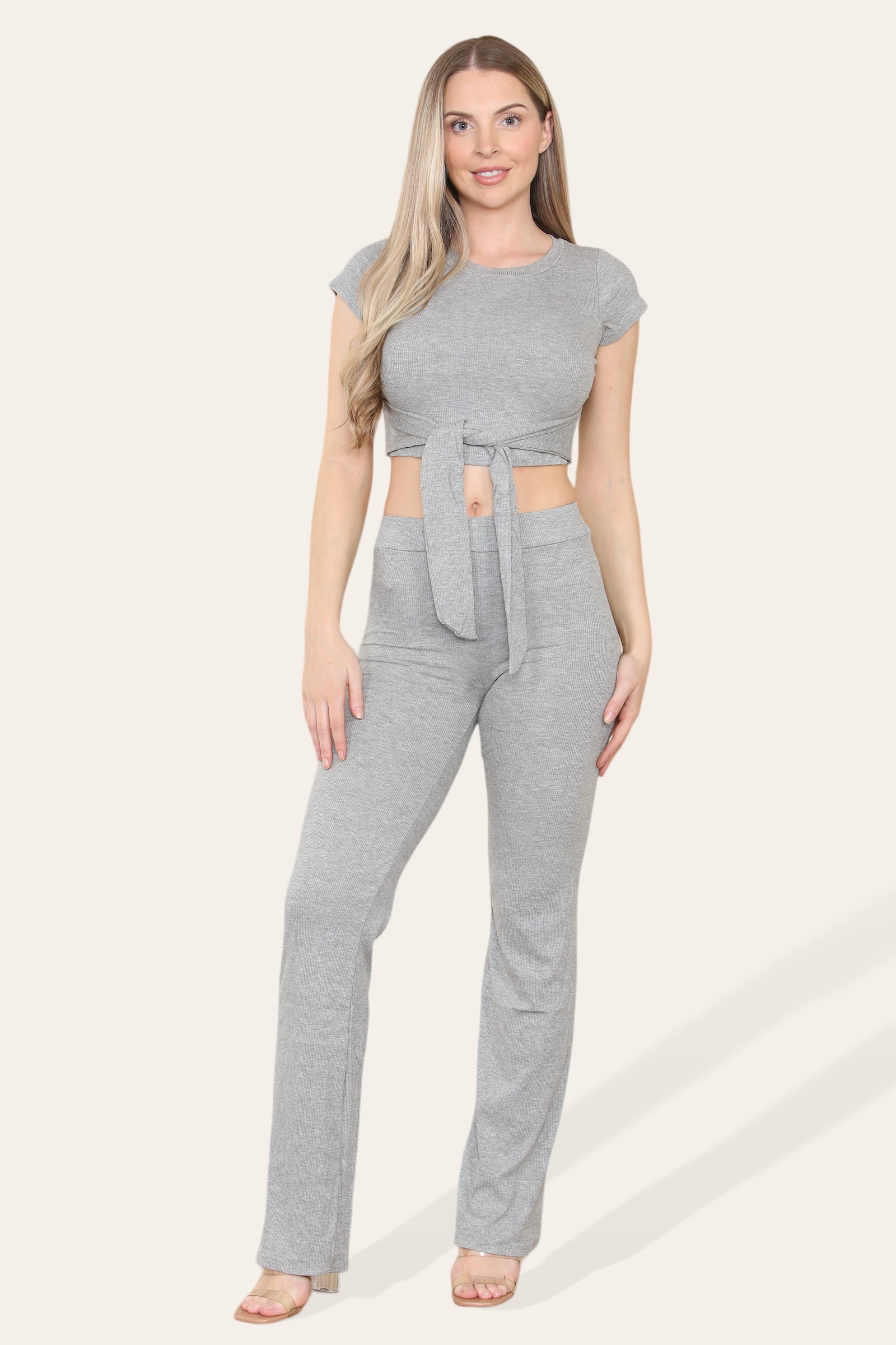 Tie Belt Front Cropped Loungewear Ribbed Trousers Set Loungewear WearAll Grey 6-8 1