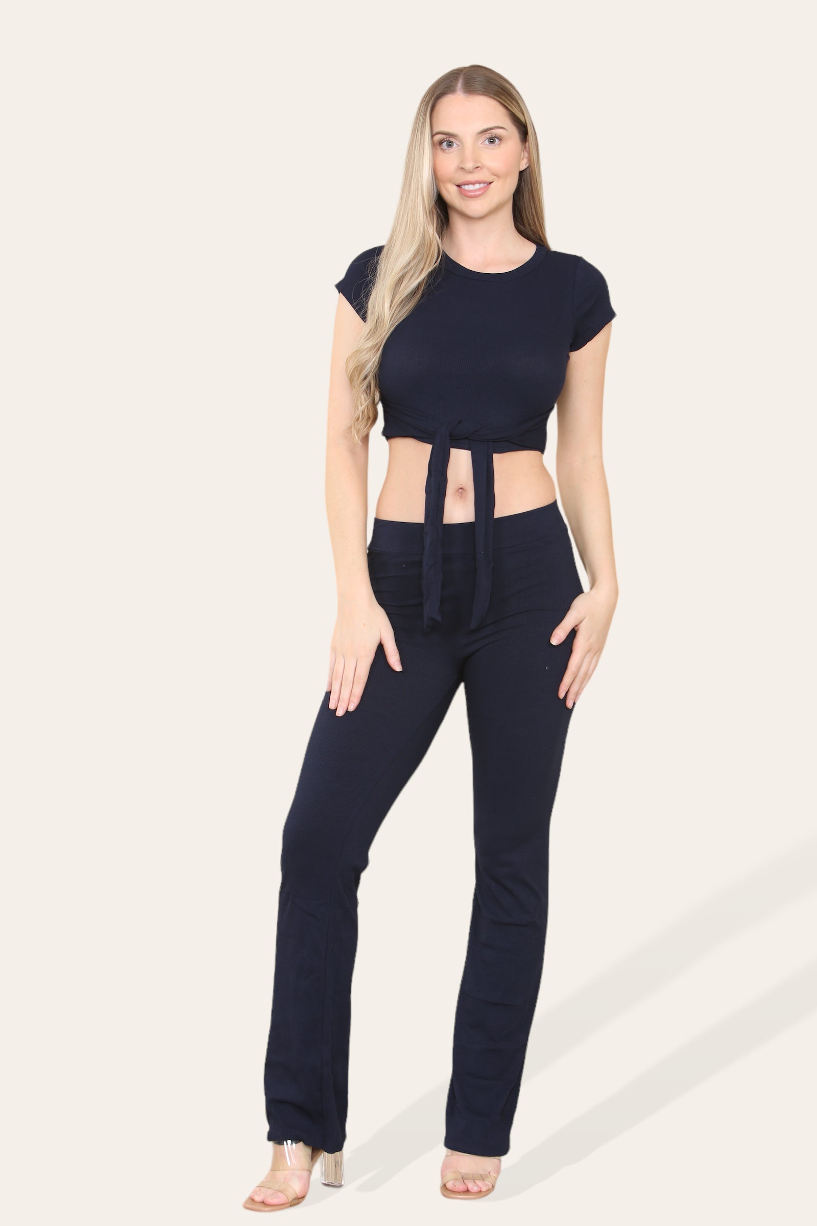 Tie Belt Front Cropped Loungewear Ribbed Trousers Set Loungewear WearAll Black 6-8 1
