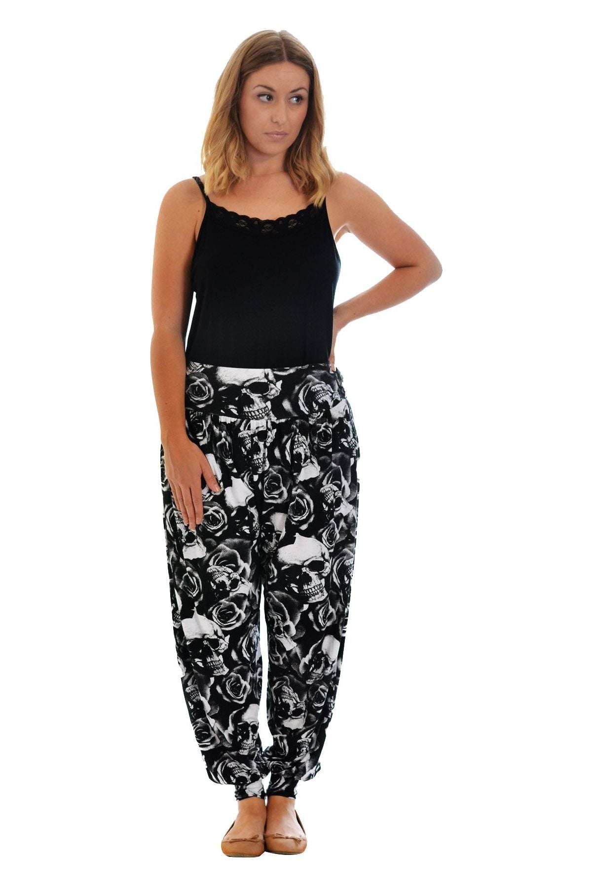 Skull and Rose Print Harem Trousers Trousers WearAll Skull 8-10