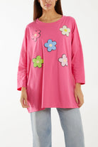 Multicolour Fluffy Daisy Long Sleeve Top T-shirts WearAll Hot Pink One Size