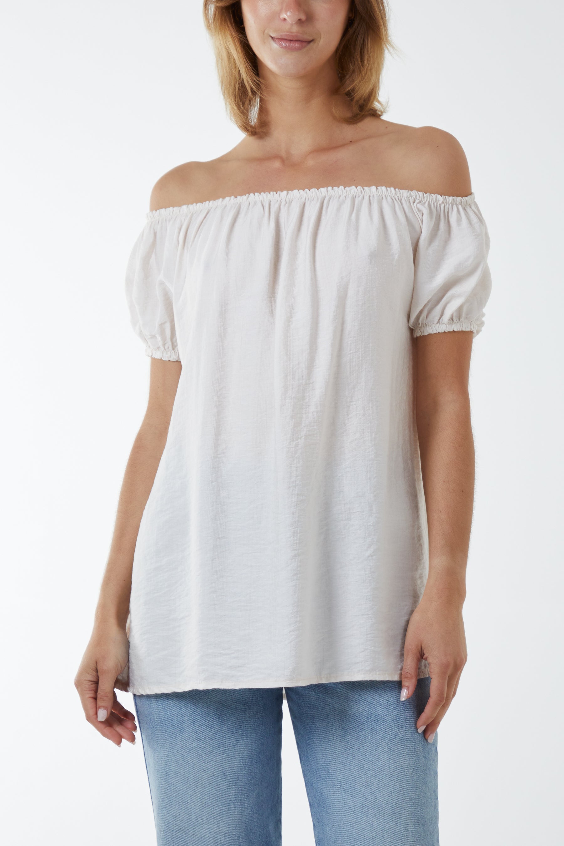 Short Sleeve Bardot Top Tops WearAll Cream One Size