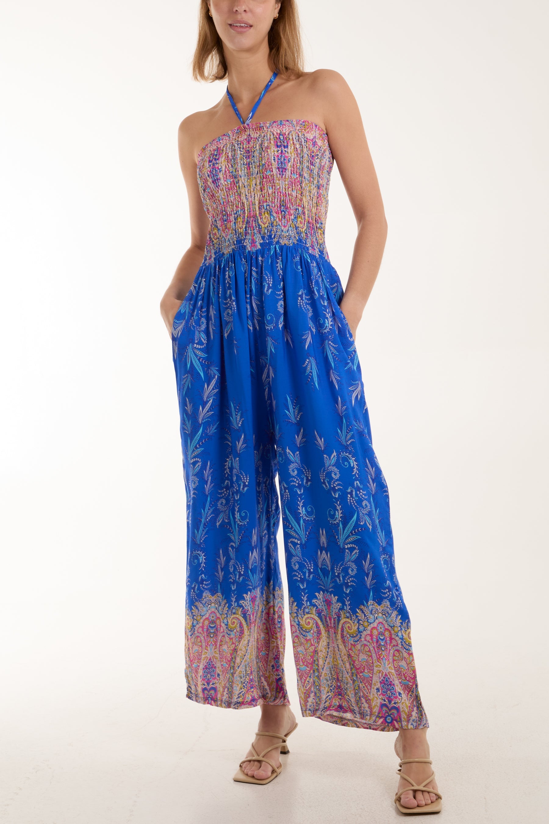 Floral Shirred Bandeau Jumpsuit Jumpsuits WearAll Royal Blue One Size