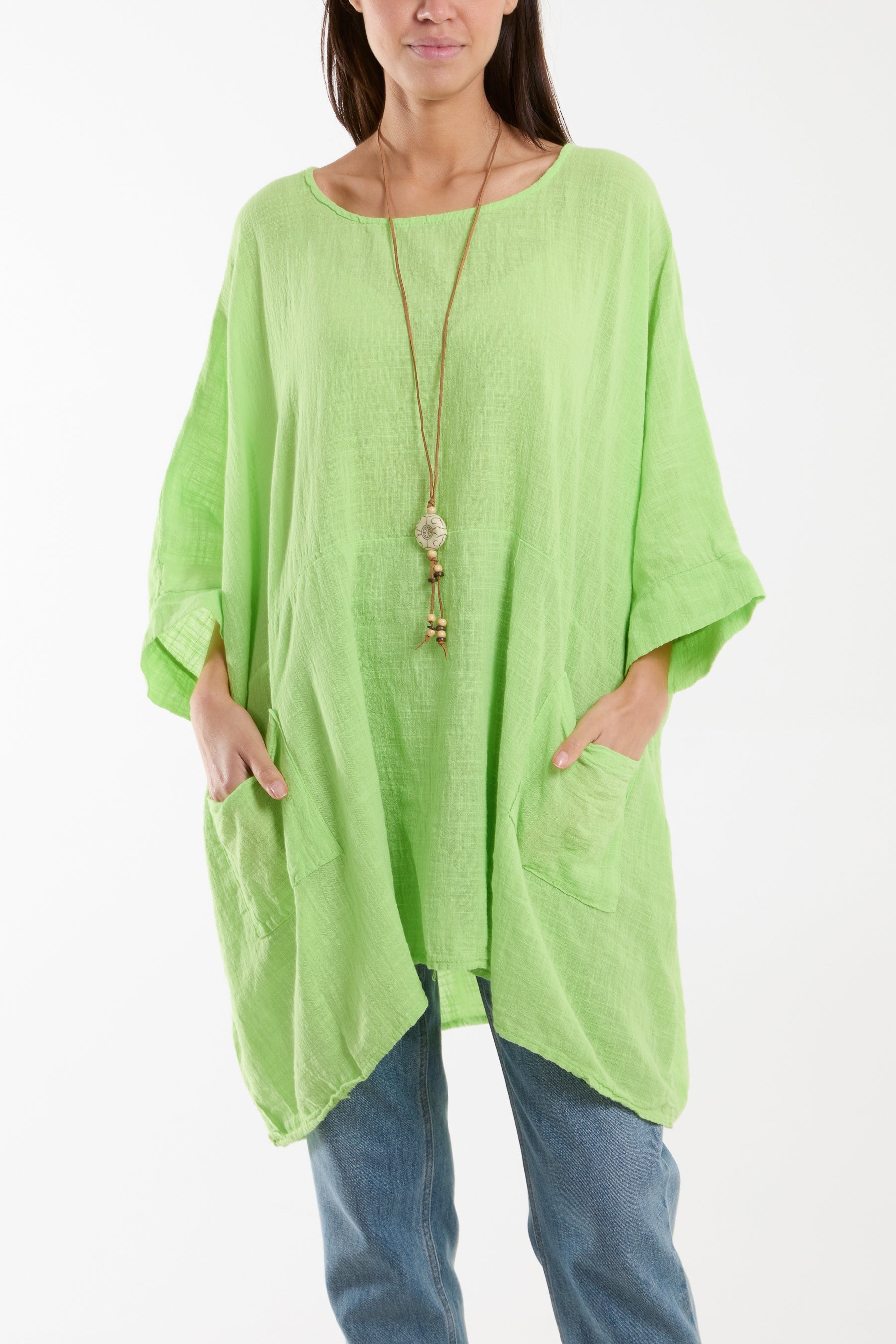 Cotton Mix Necklace Pockets Top Tops WearAll Lime One Size