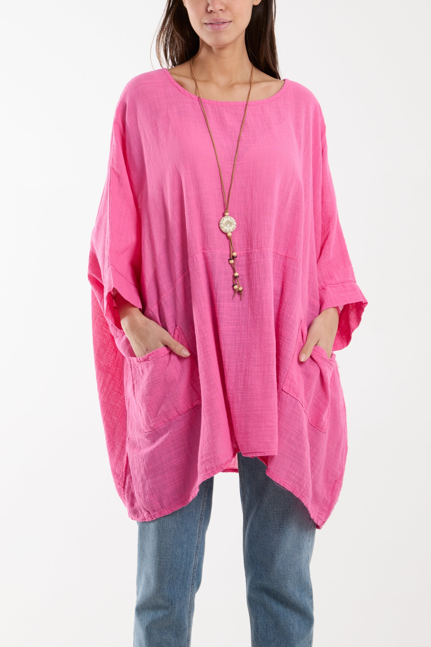 Cotton Mix Necklace Pockets Top Tops WearAll Hot Pink One Size