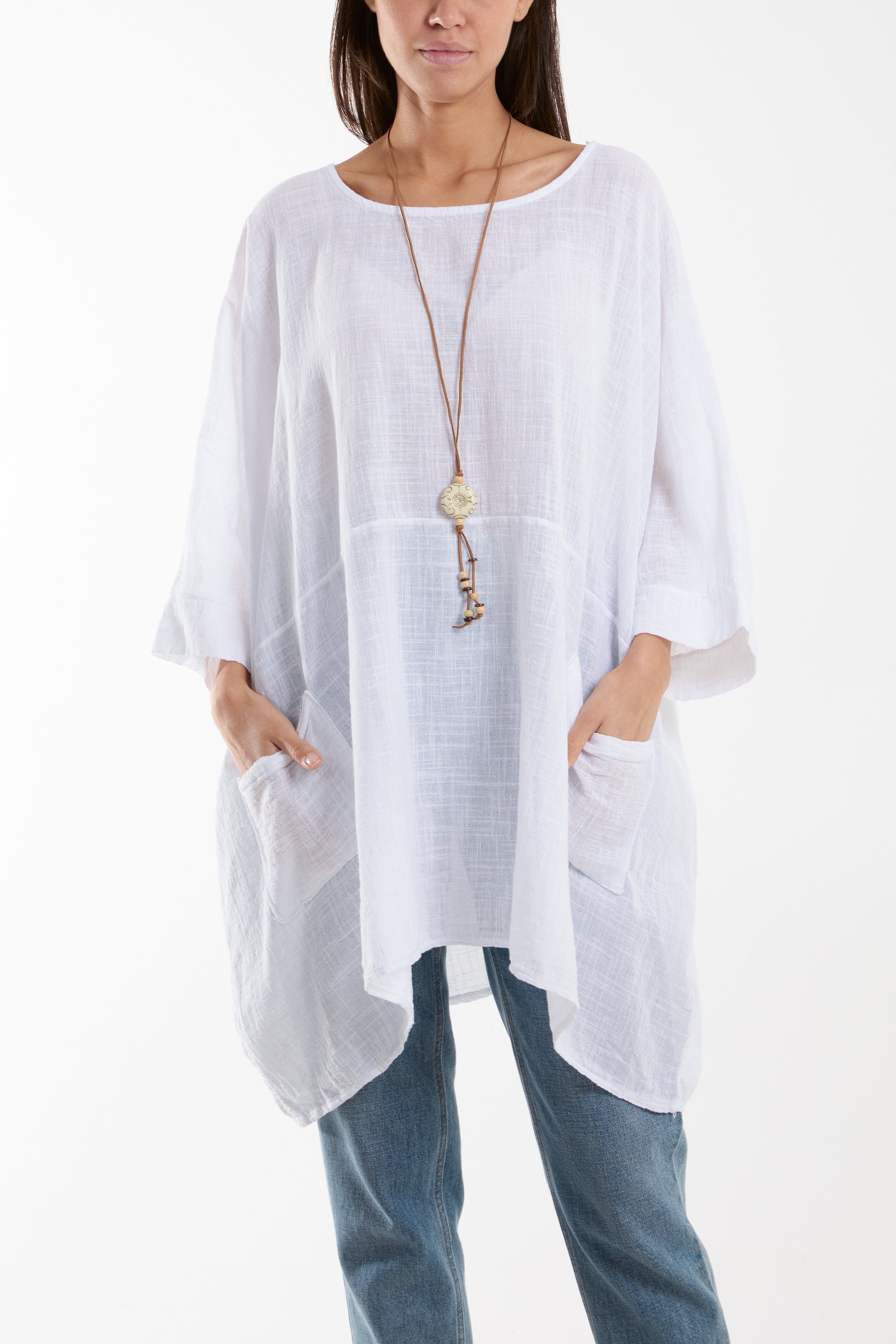 Cotton Mix Necklace Pockets Top Tops WearAll White One Size