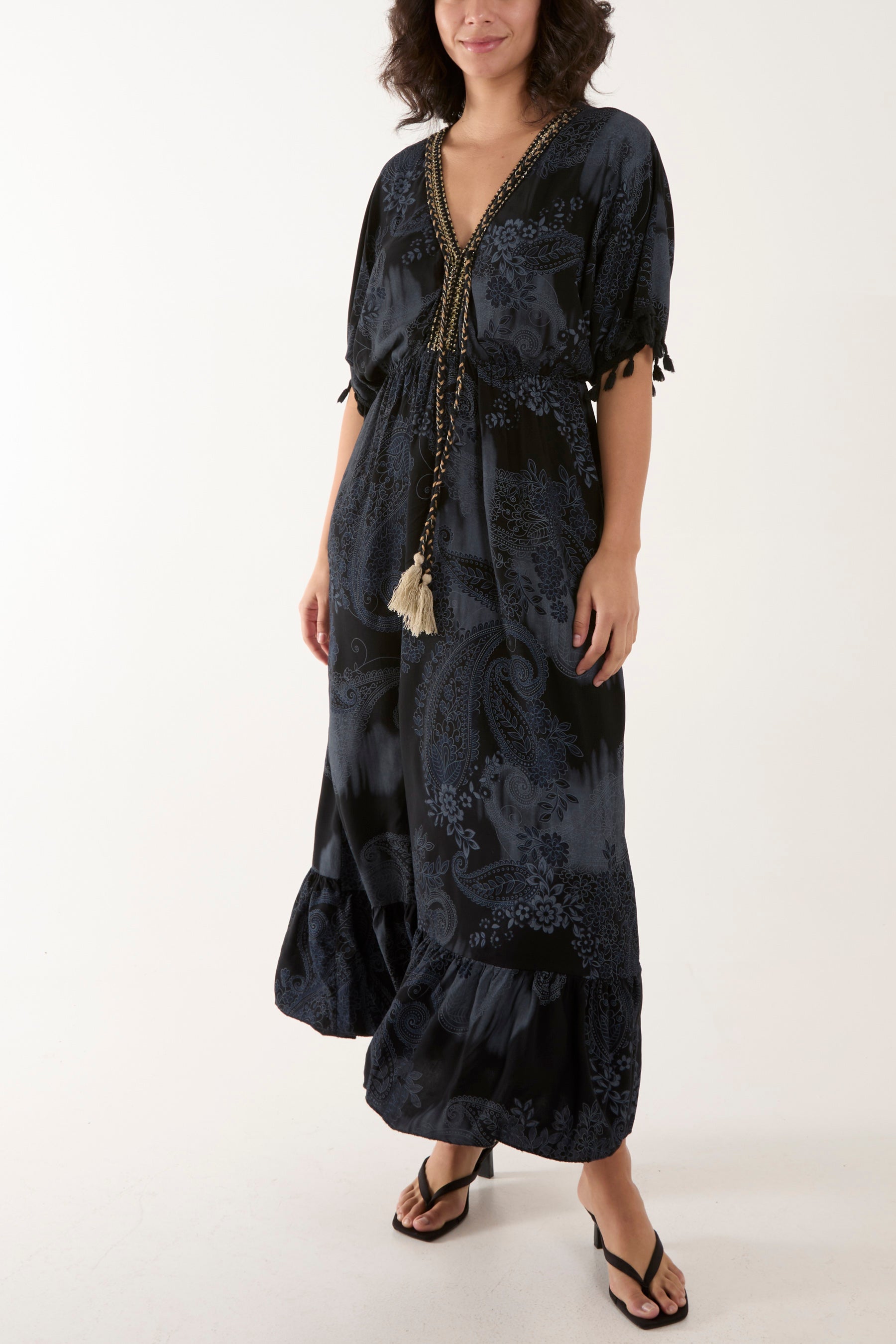 Tassel Paisley Print Maxi Dress Dresses WearAll Black One Size