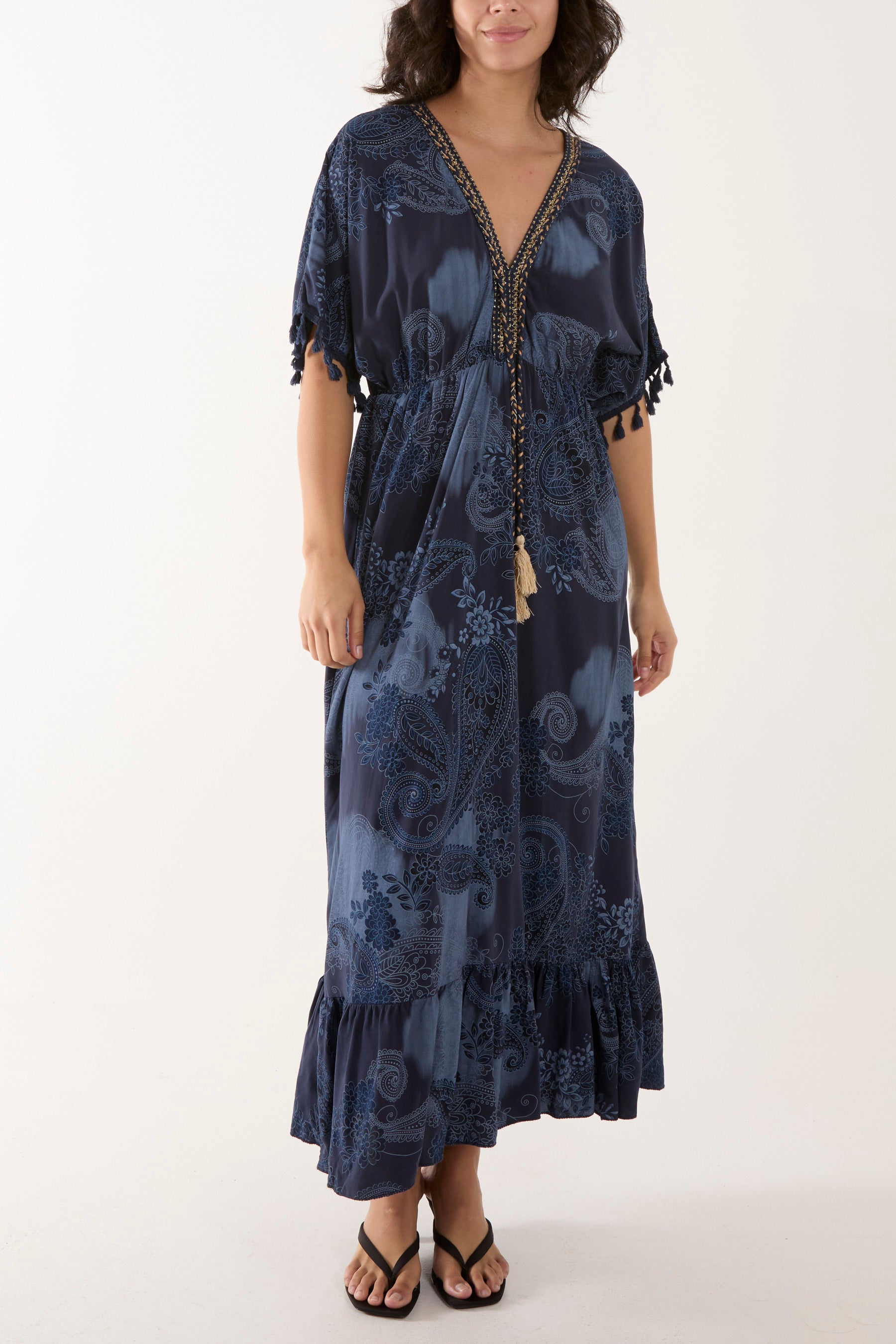 Tassel Paisley Print Maxi Dress Dresses WearAll Navy One Size