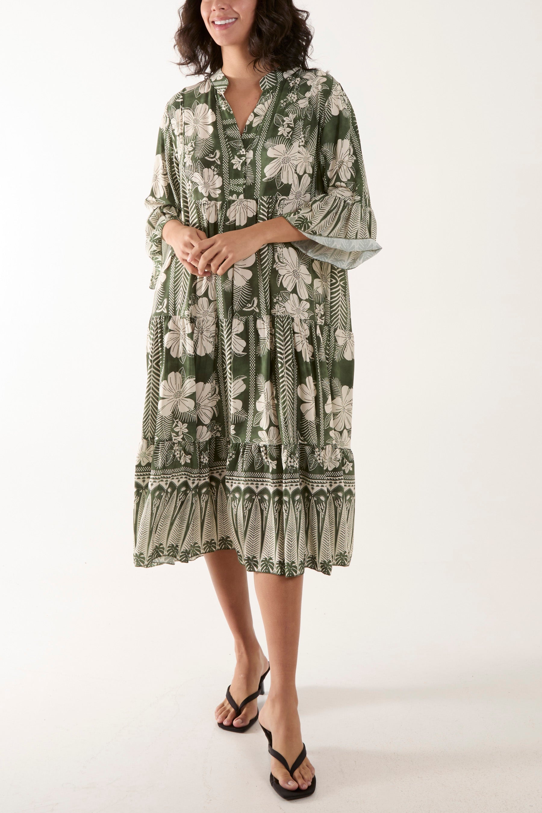 Floral Print Grandad Collar Midi Dress Dresses WearAll Khaki One Size