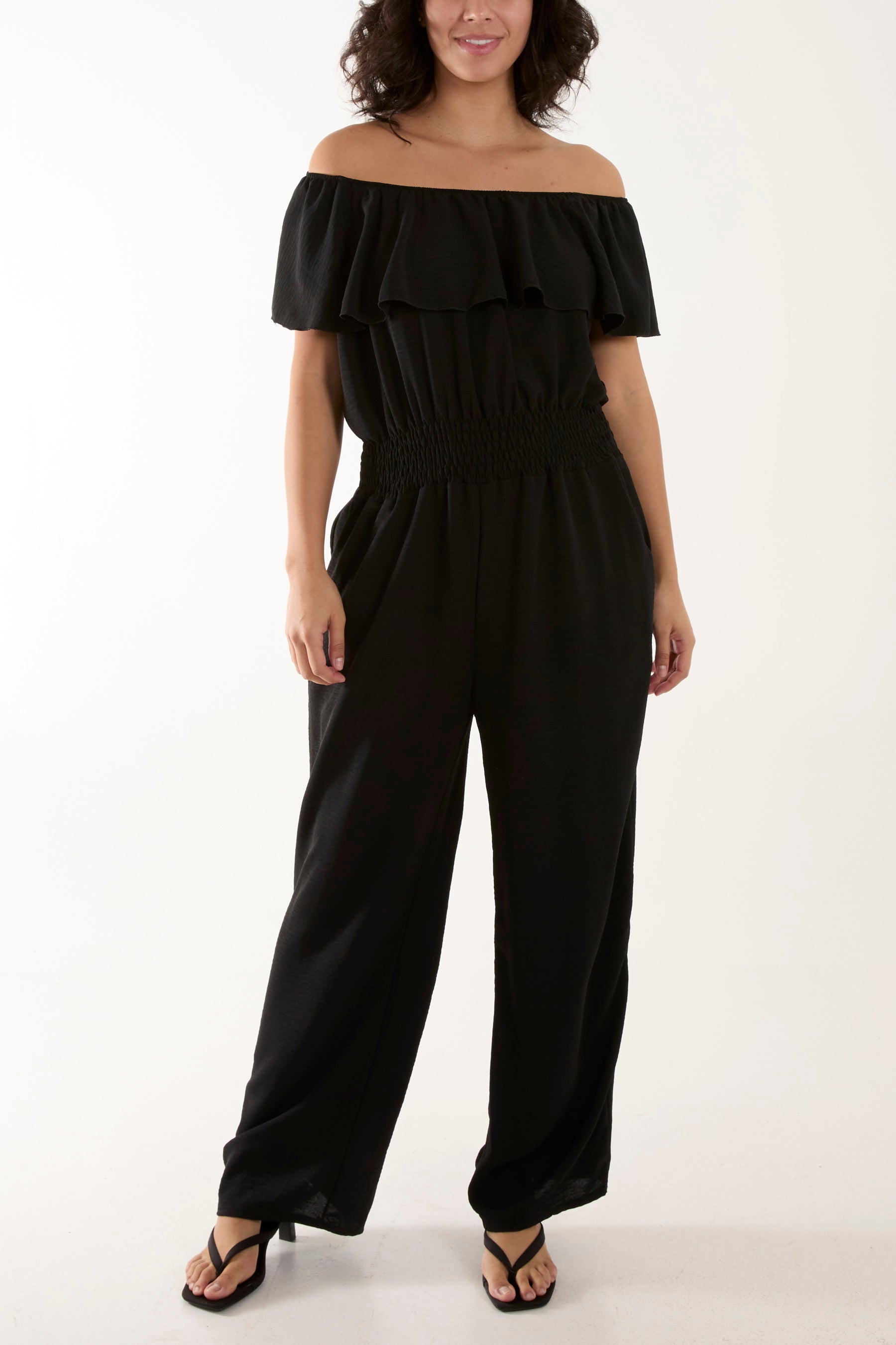 Frilled Bardot Shirred Waist Jumpsuit Jumpsuits WearAll Black One Size