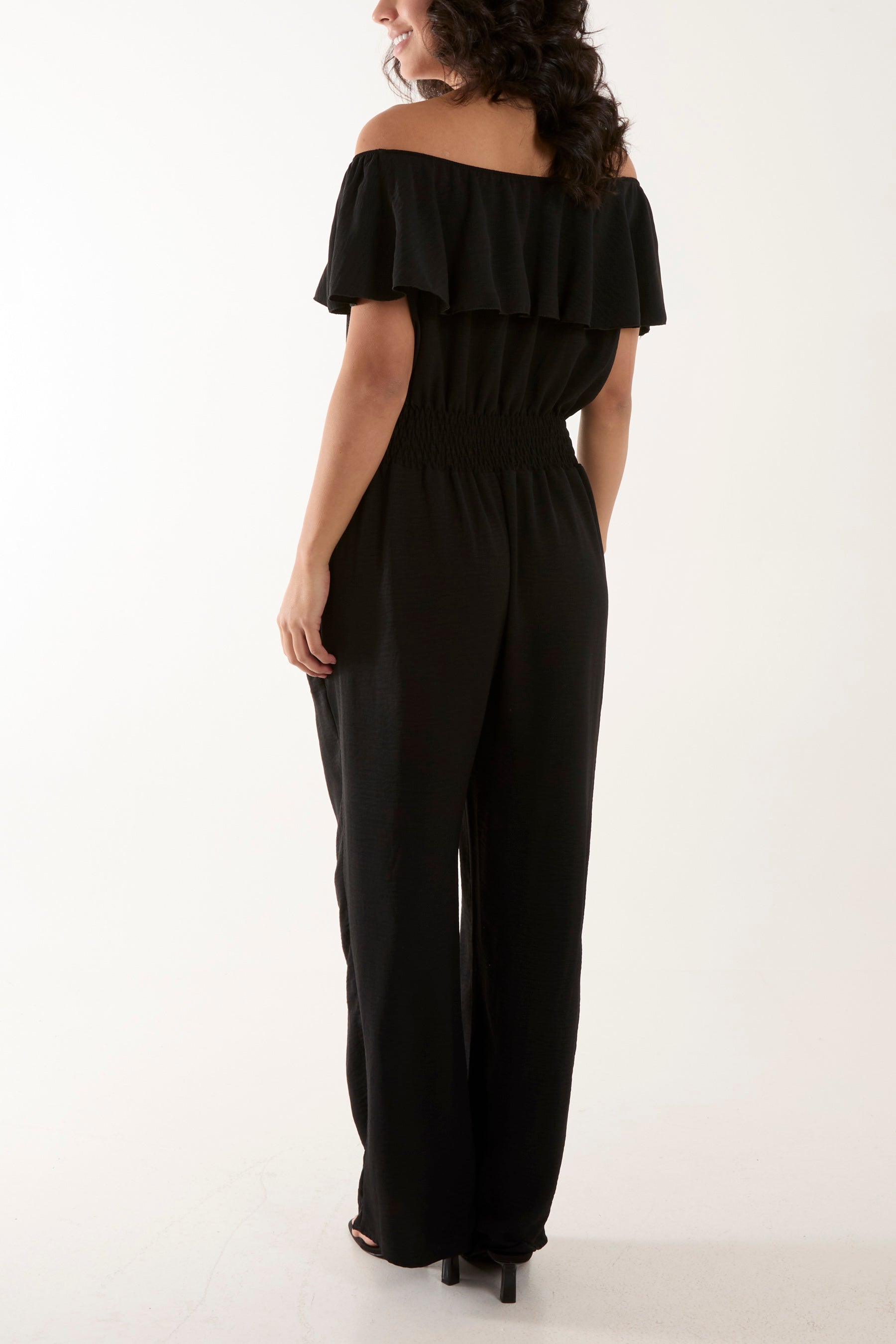 Frilled Bardot Shirred Waist Jumpsuit Jumpsuits WearAll