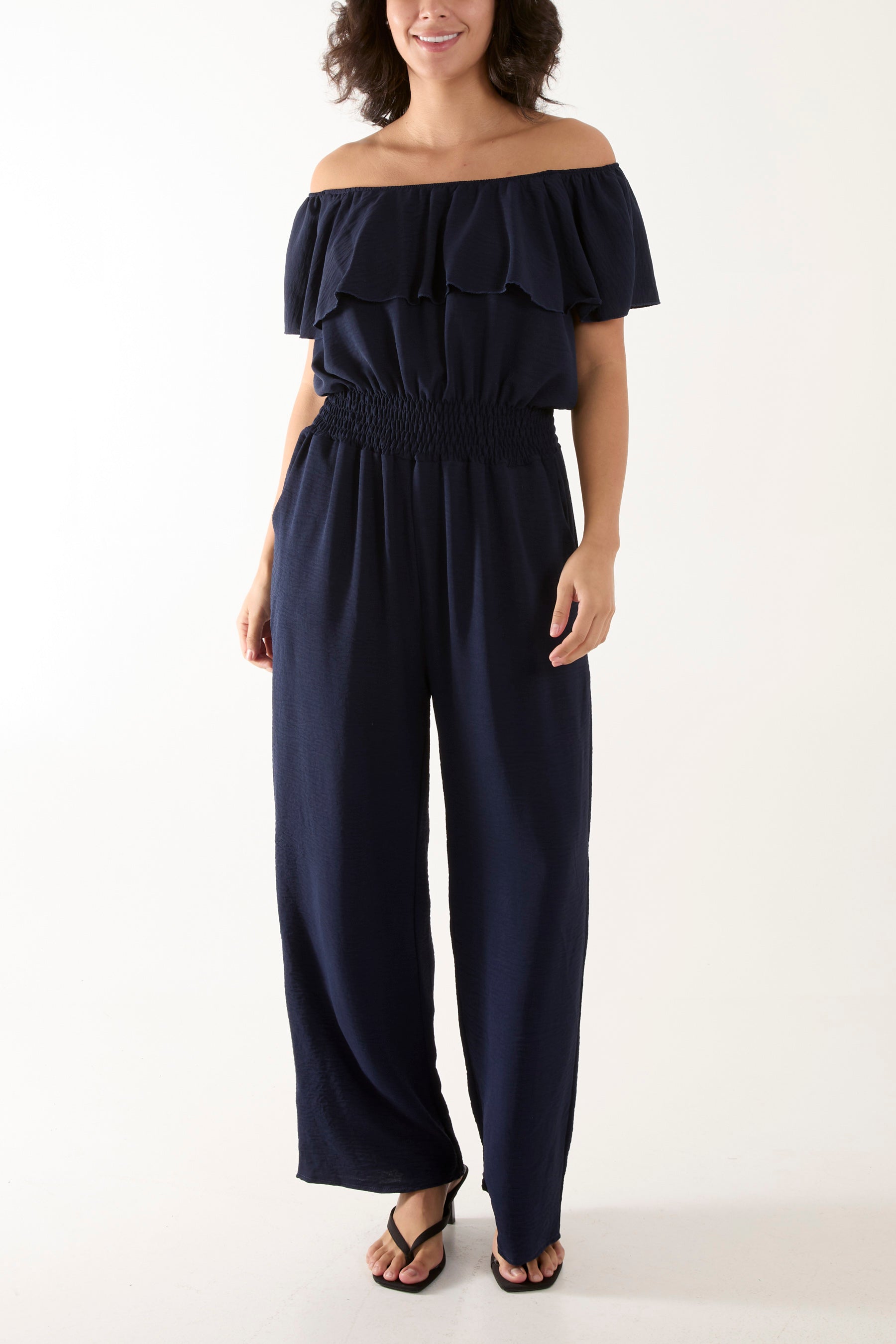 Frilled Bardot Shirred Waist Jumpsuit Jumpsuits WearAll Navy One Size