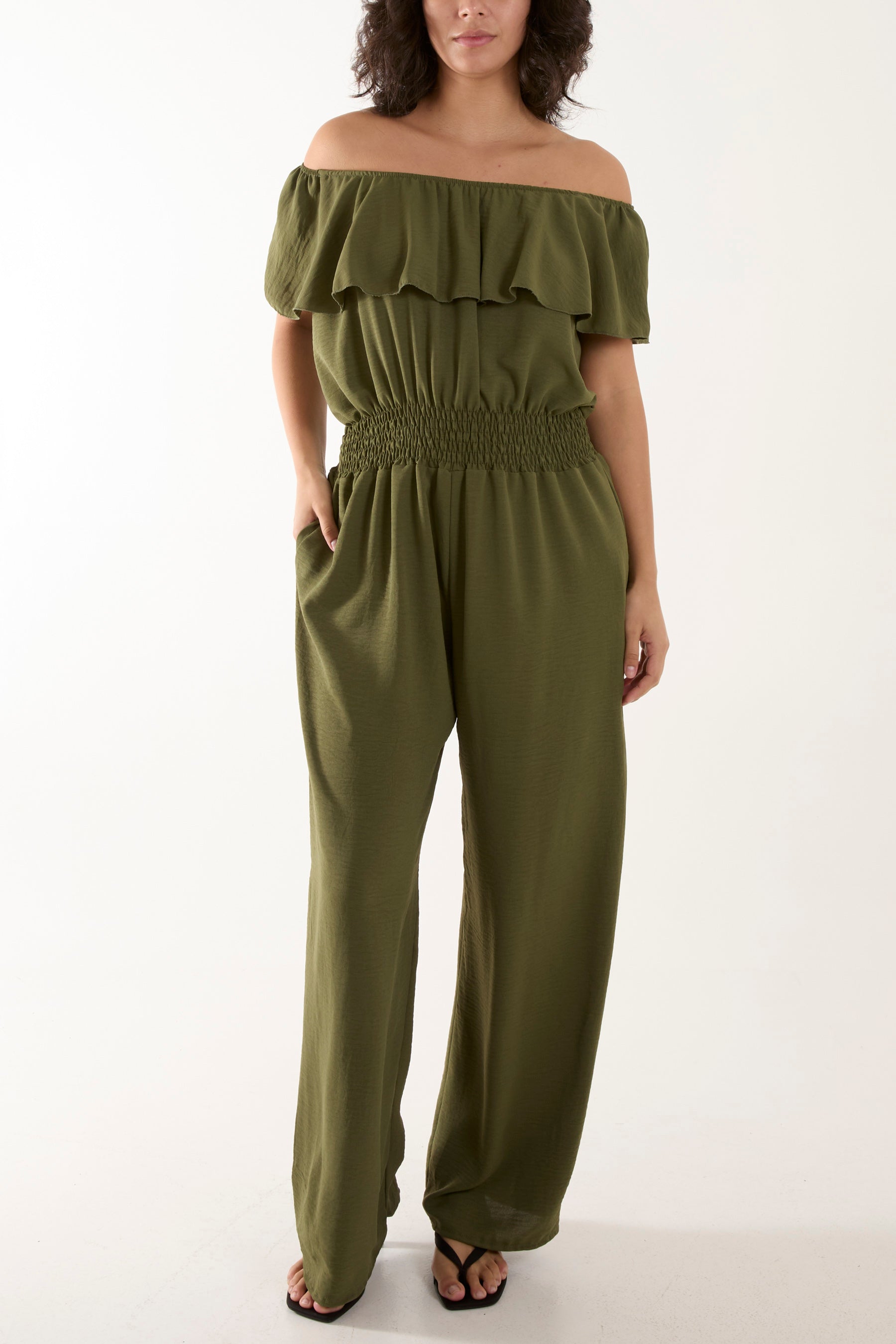 Frilled Bardot Shirred Waist Jumpsuit Jumpsuits WearAll Khaki One Size