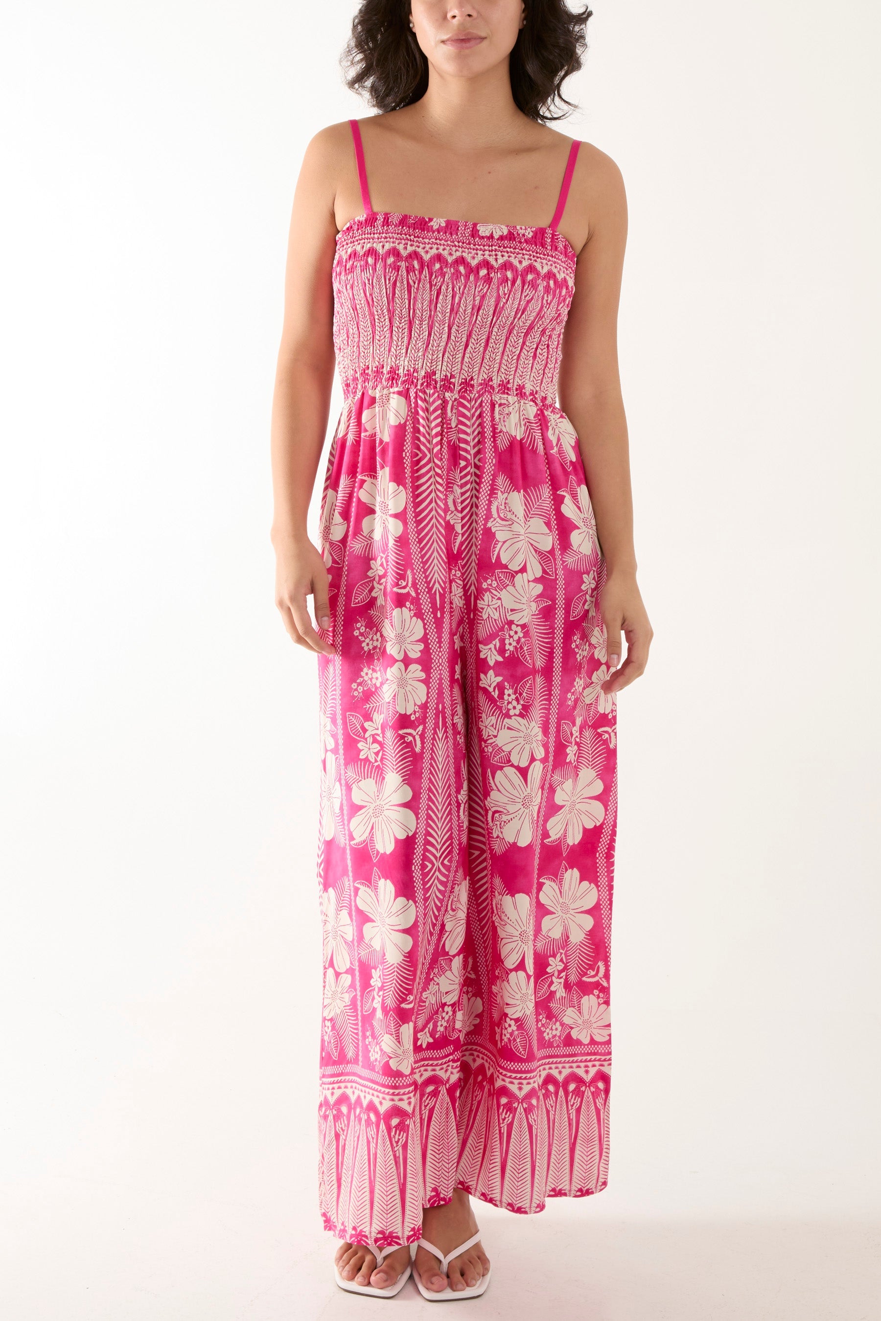 Floral Print Shirred Bust Cami Jumpsuit Jumpsuits WearAll Hot Pink One Size