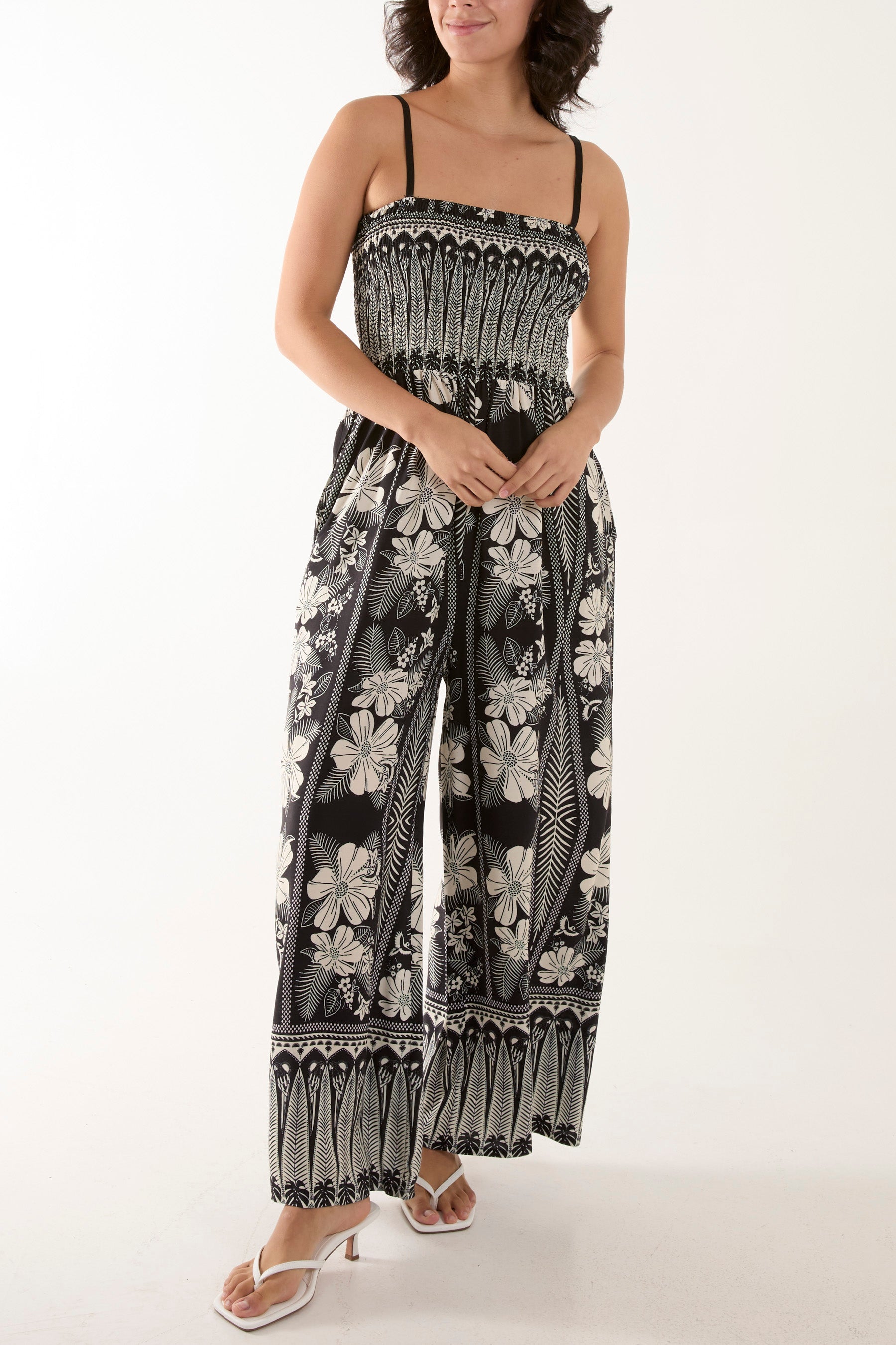 Floral Print Shirred Bust Cami Jumpsuit Jumpsuits WearAll Black One Size