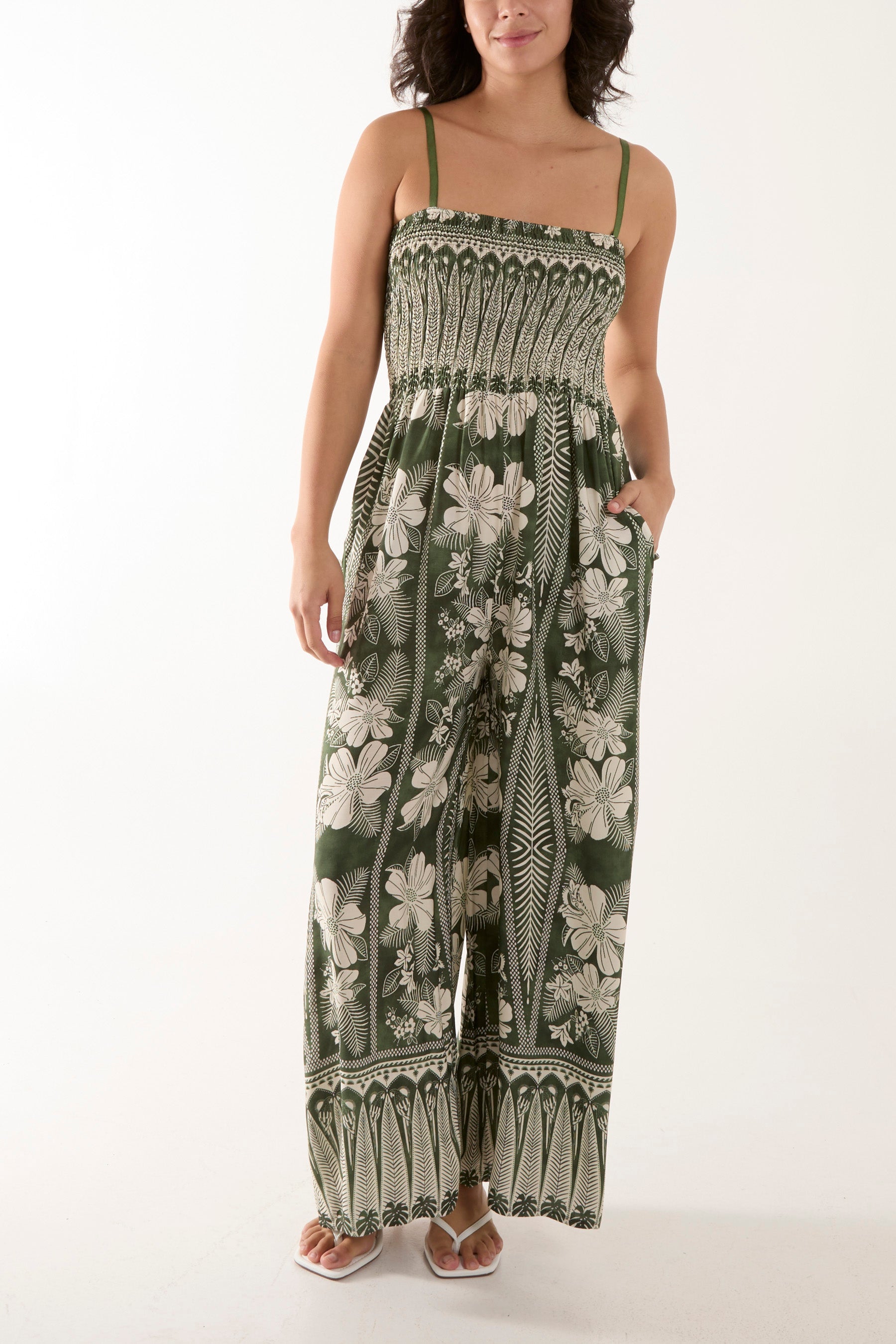 Floral Print Shirred Bust Cami Jumpsuit Jumpsuits WearAll Khaki One Size