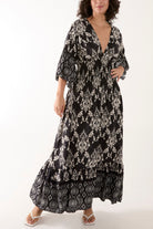 Shirred Waist Border Print Dress Dresses WearAll Black One Size