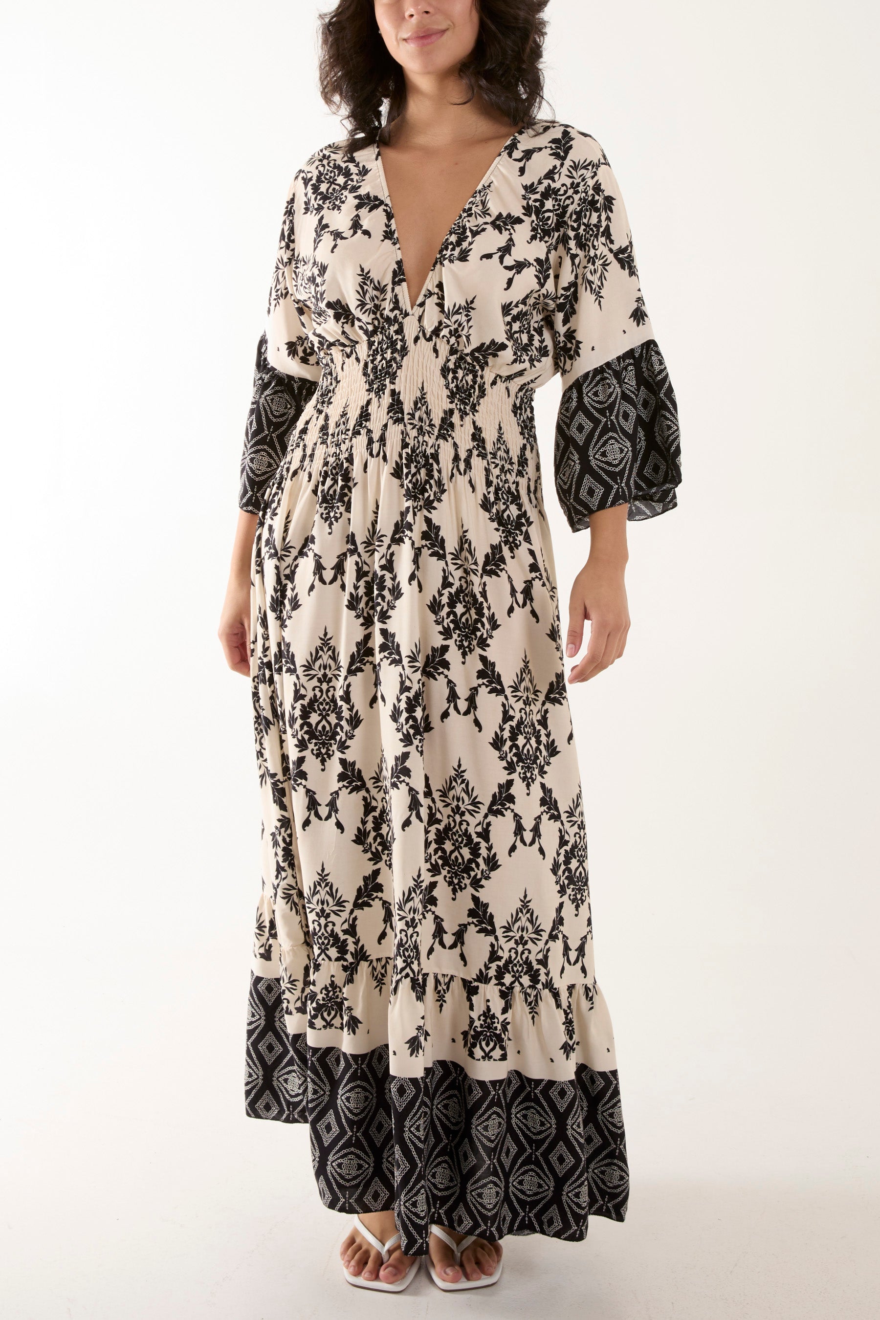 Shirred Waist Border Print Dress Dresses WearAll Stone One Size