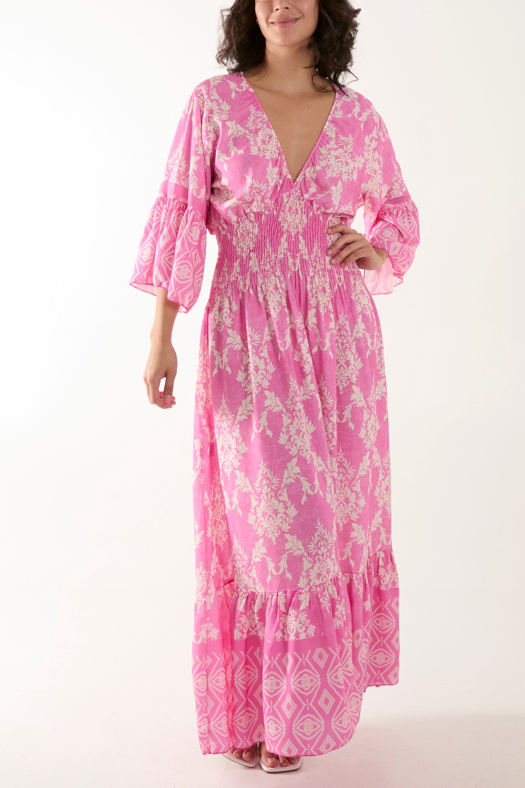 Shirred Waist Border Print Dress Dresses WearAll Bubblegum Pink One Size