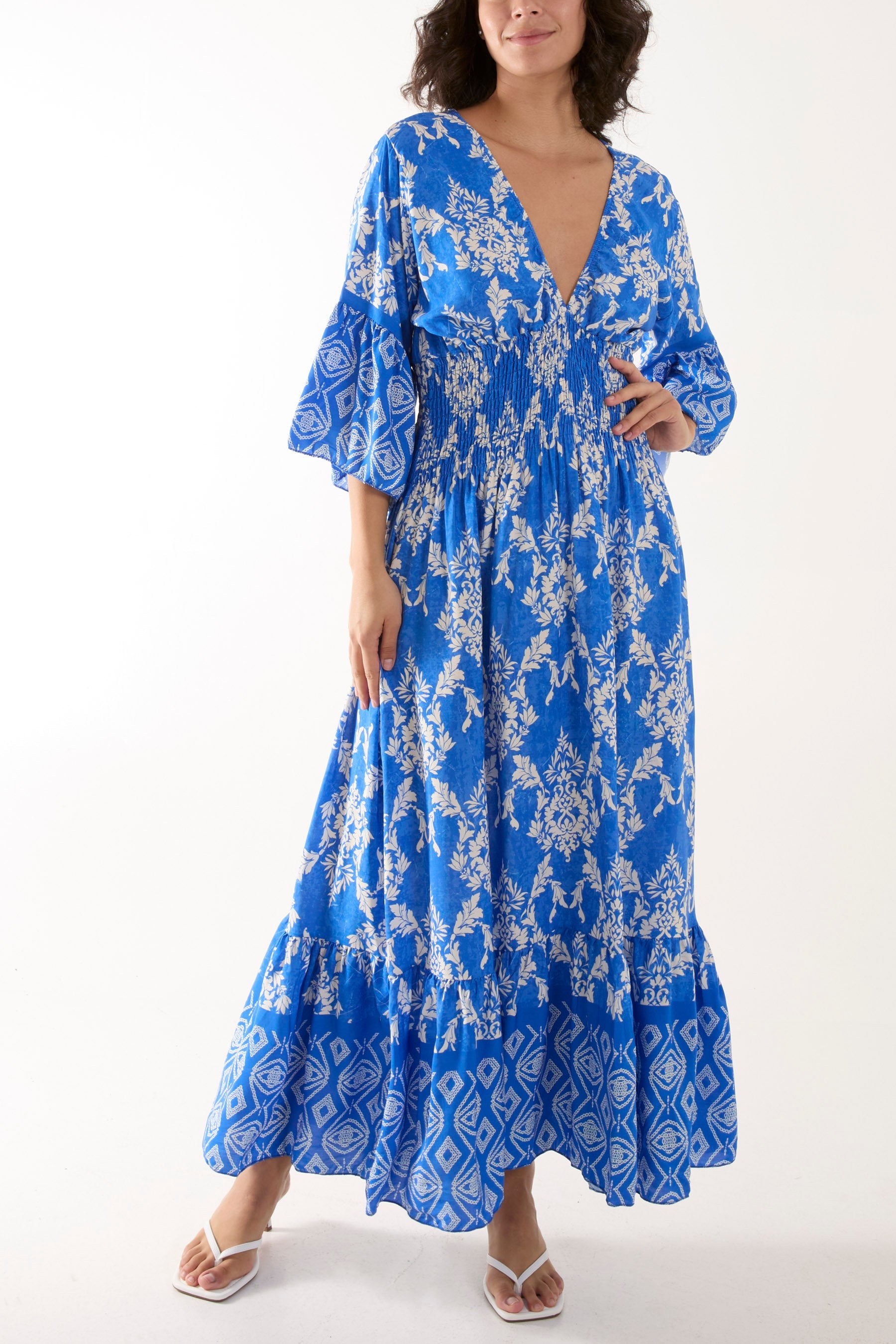 Shirred Waist Border Print Dress Dresses WearAll Royal Blue One Size