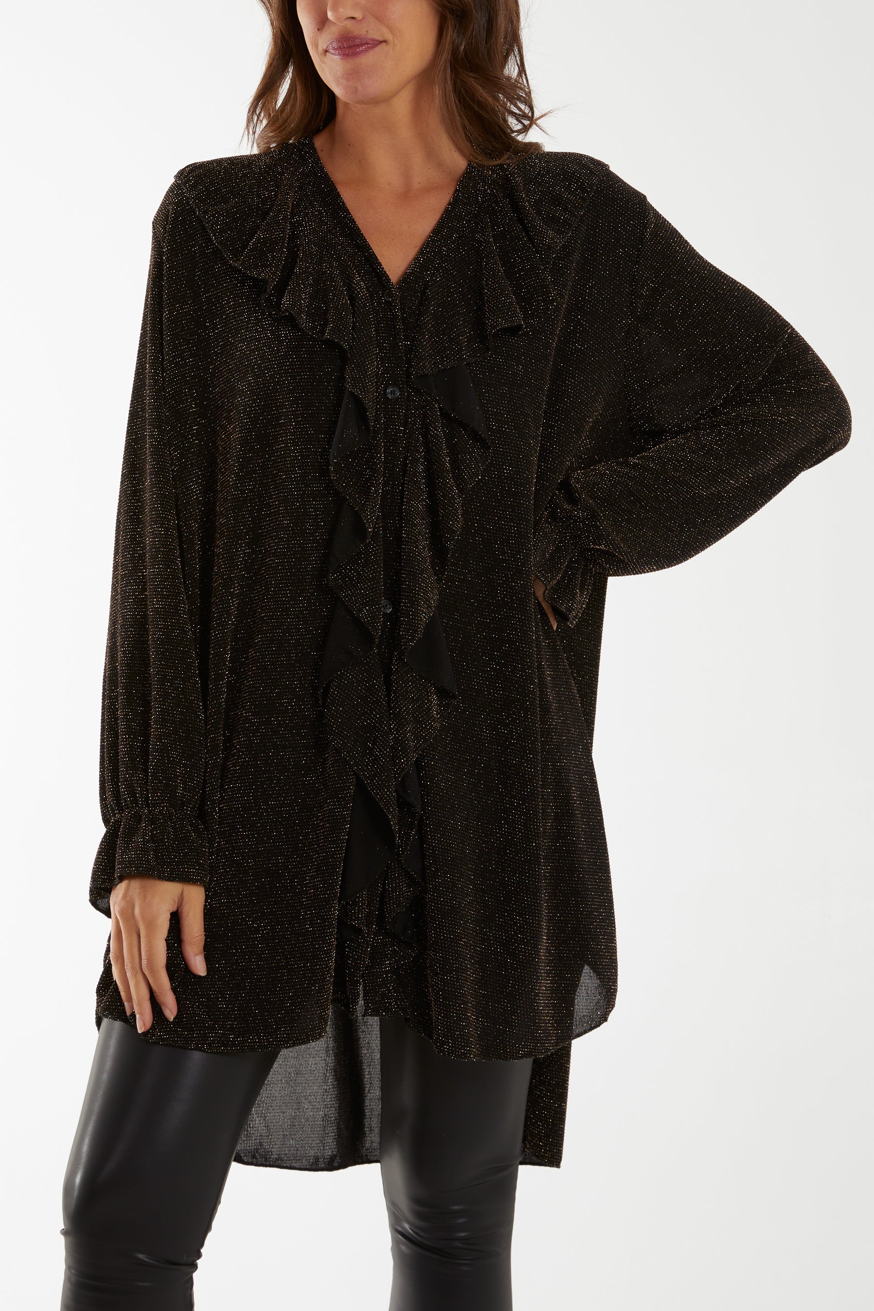 Glitter Lurex Ruffle Flounce Button Blouse TOPMF2 WearAll Gold One Size